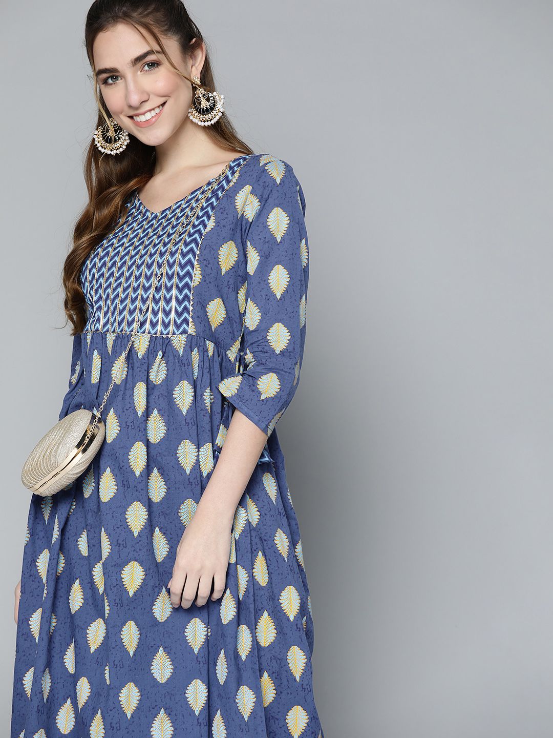 HERE&NOW Women Navy Blue & Mustard Yellow Ethnic Printed Gotta Patti Pure Cotton Kurta Price in India