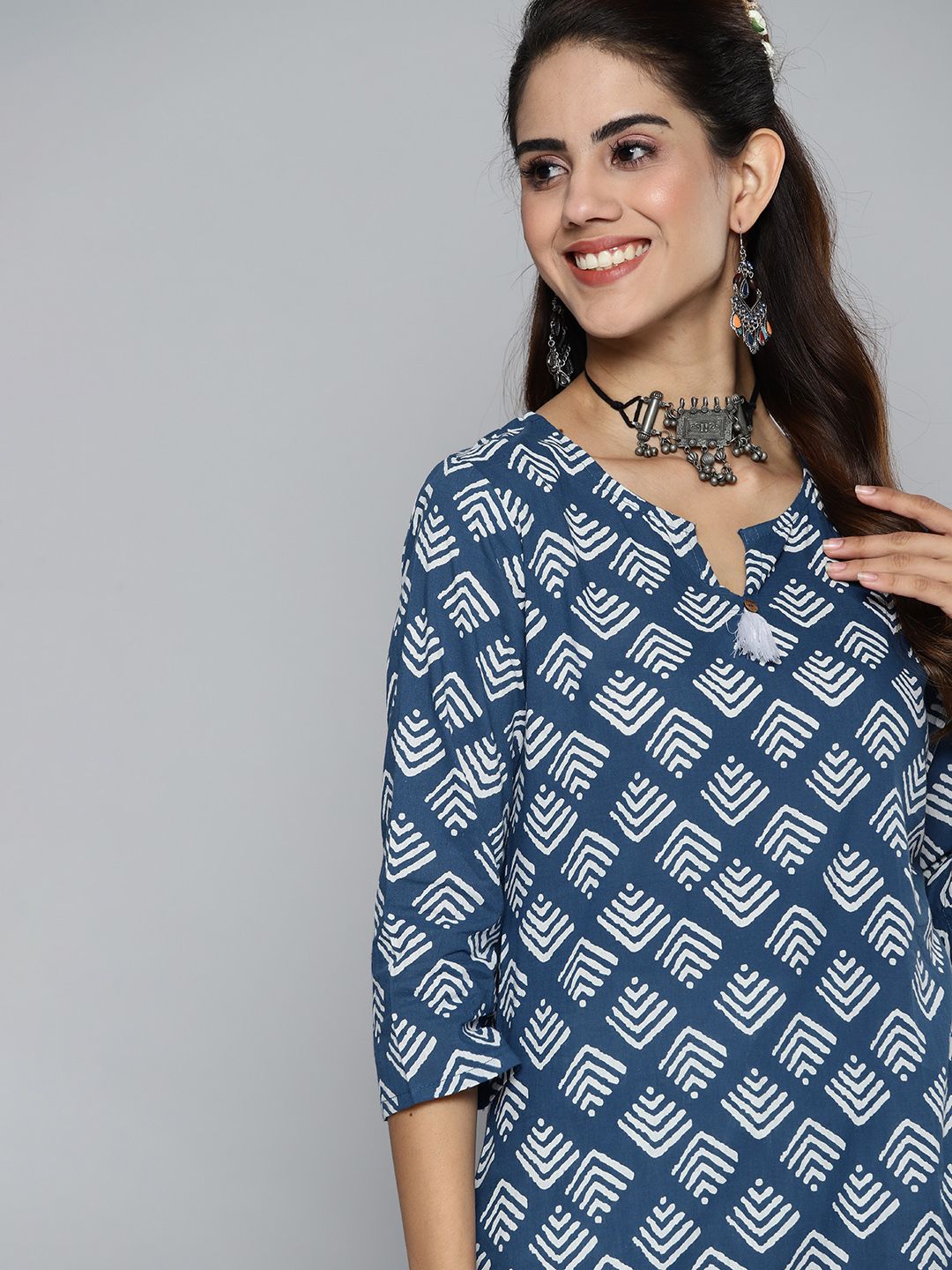 HERE&NOW Women Navy Blue & White Ethnic Motifs Printed Pure Cotton Kurta Price in India