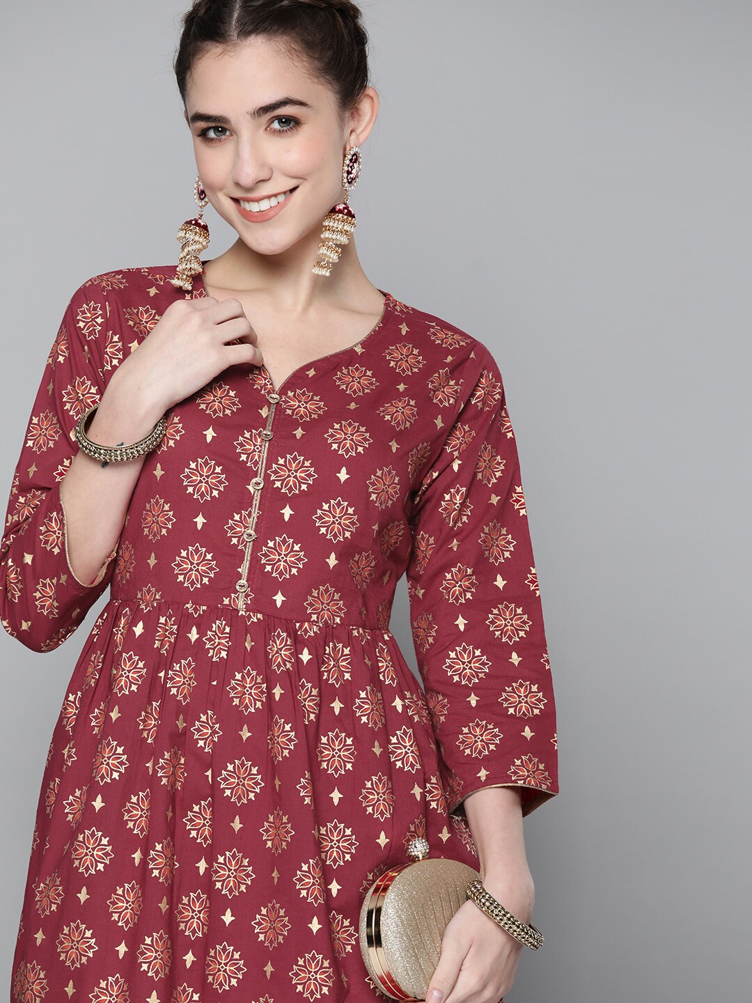 HERE&NOW Women Maroon & Golden Pure Cotton Ethnic Motifs Printed A-Line Kurta Price in India