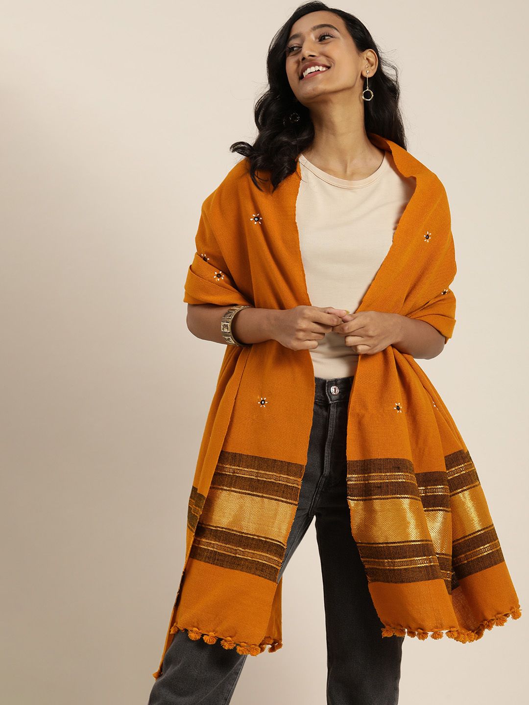 Taavi Women Orange Woven-Design Bhujodi Shawls Price in India