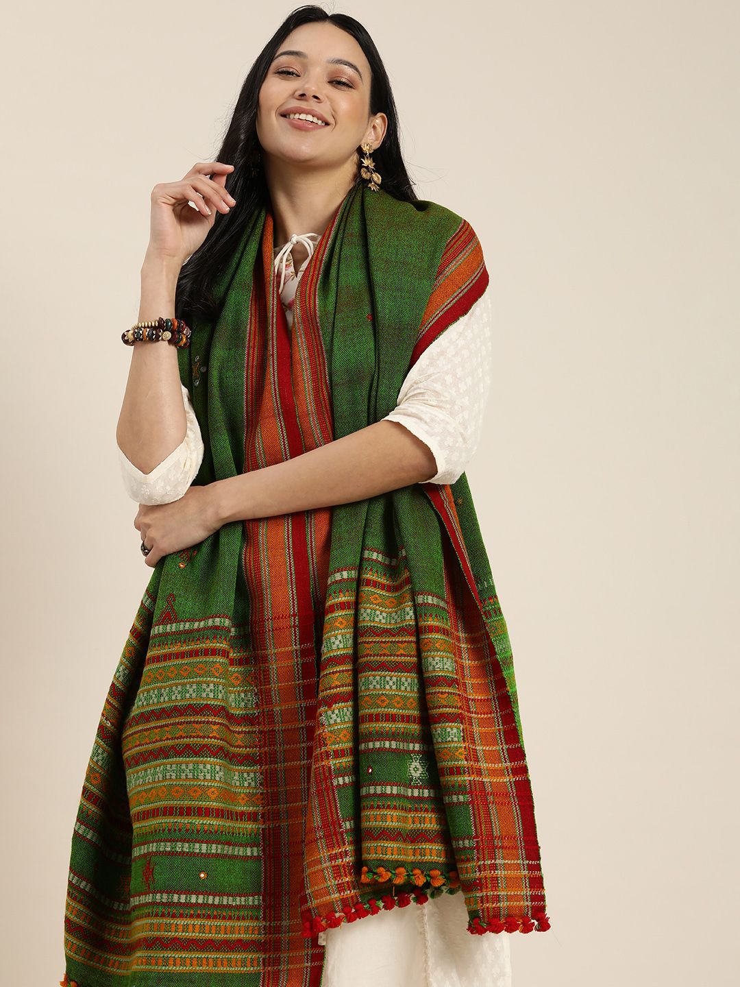 Taavi Women Green Bhujodi Woven Design Shawl Price in India