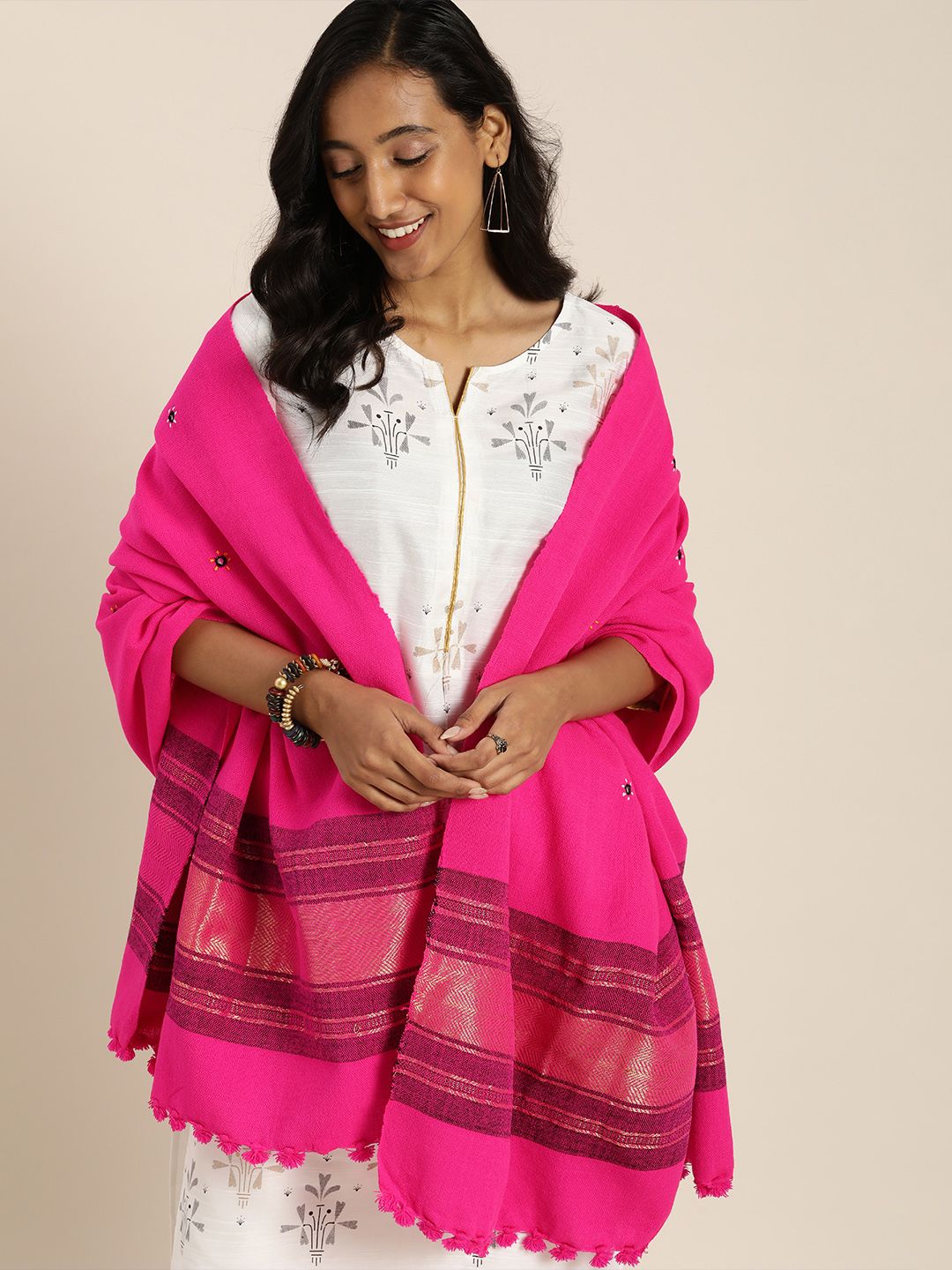 Taavi Women Pink Bhujodi Woven Design Shawl Price in India