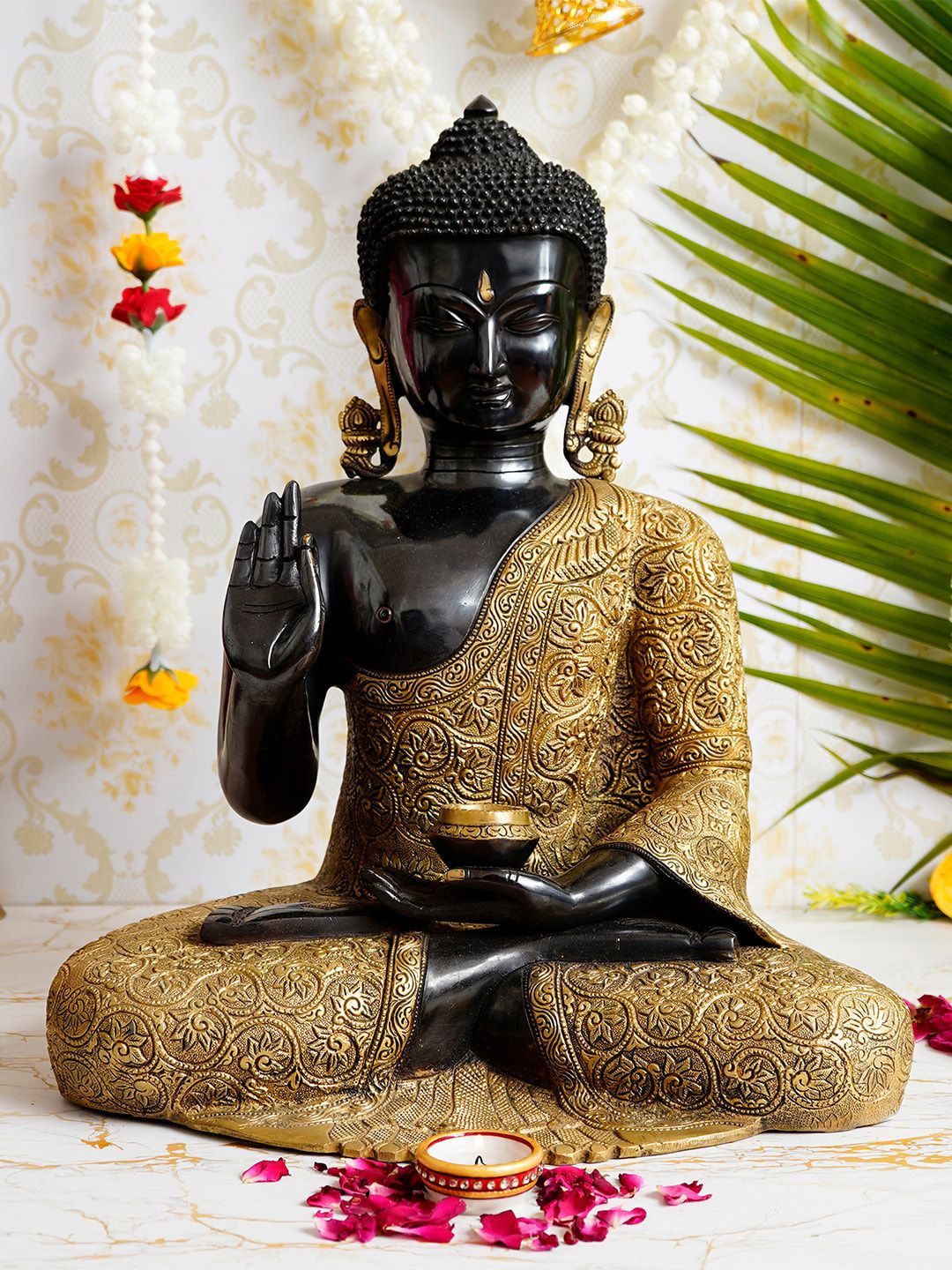 eCraftIndia Black & Gold-Toned Meditating Lord Buddha Handcrafted Premium Brass Idol Price in India