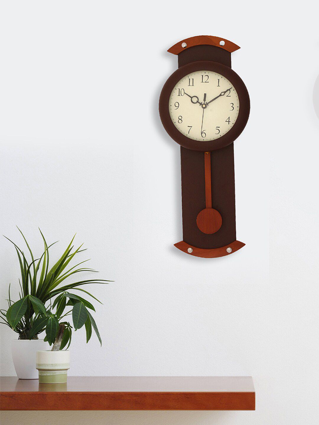 eCraftIndia Brown & Beige Traditional Round Pendulum Wooden Wall Clock 46.99 cm Price in India