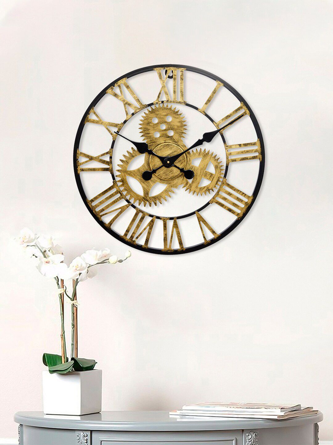 eCraftIndia Gold-Toned & Black Textured Contemporary Wall Clock 44.9 cm Price in India