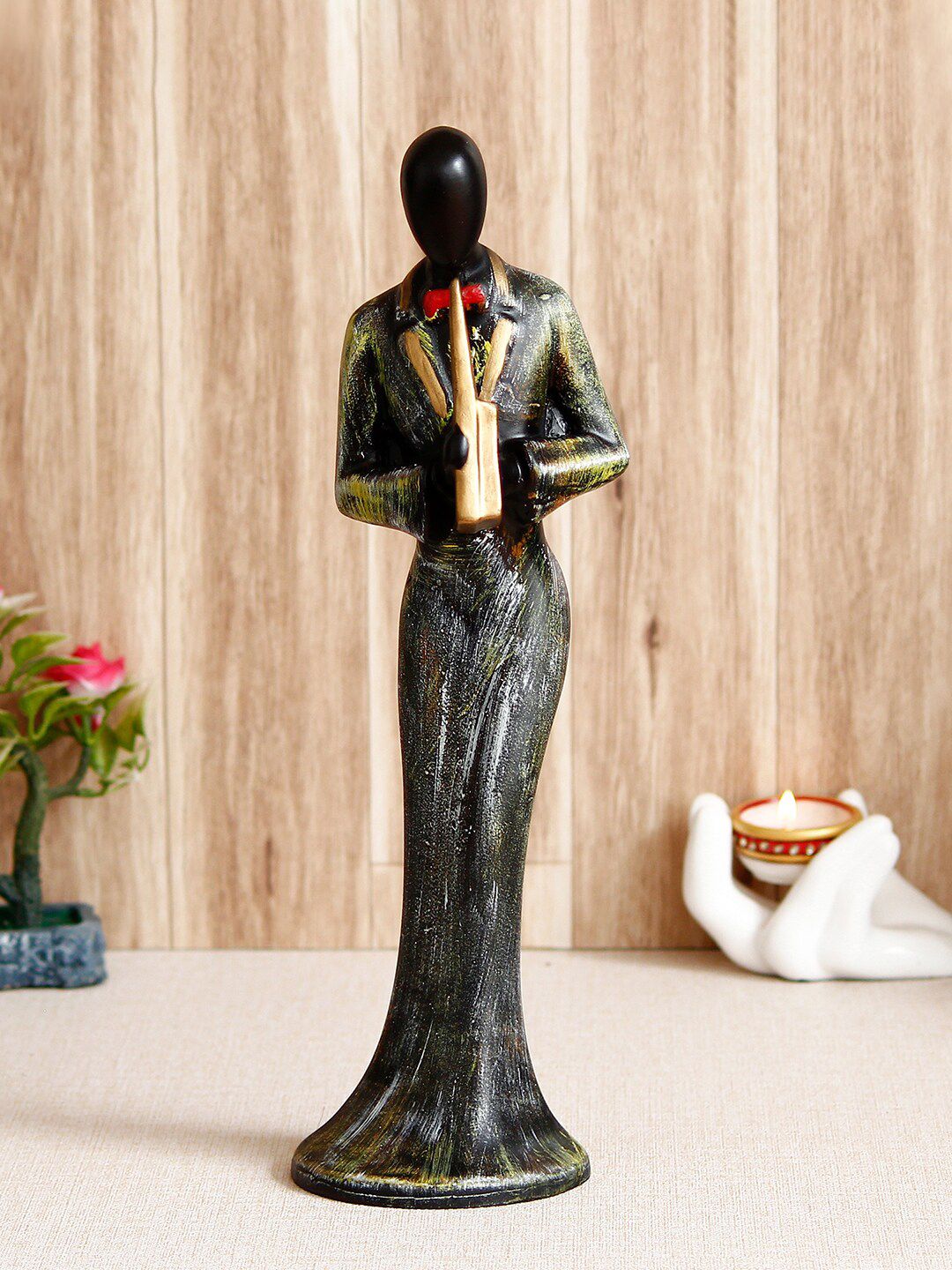 eCraftIndia Grey Lady Playing Wind Musical Instrument Figurine Showpiece Price in India