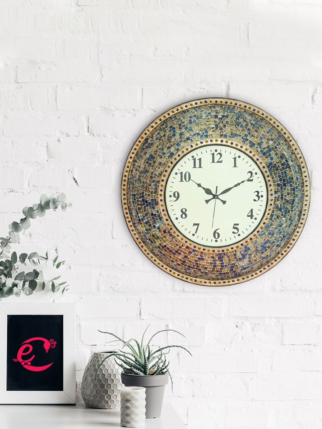 eCraftIndia Gold-Toned & Blue Embellished Contemporary Wall Clock Price in India