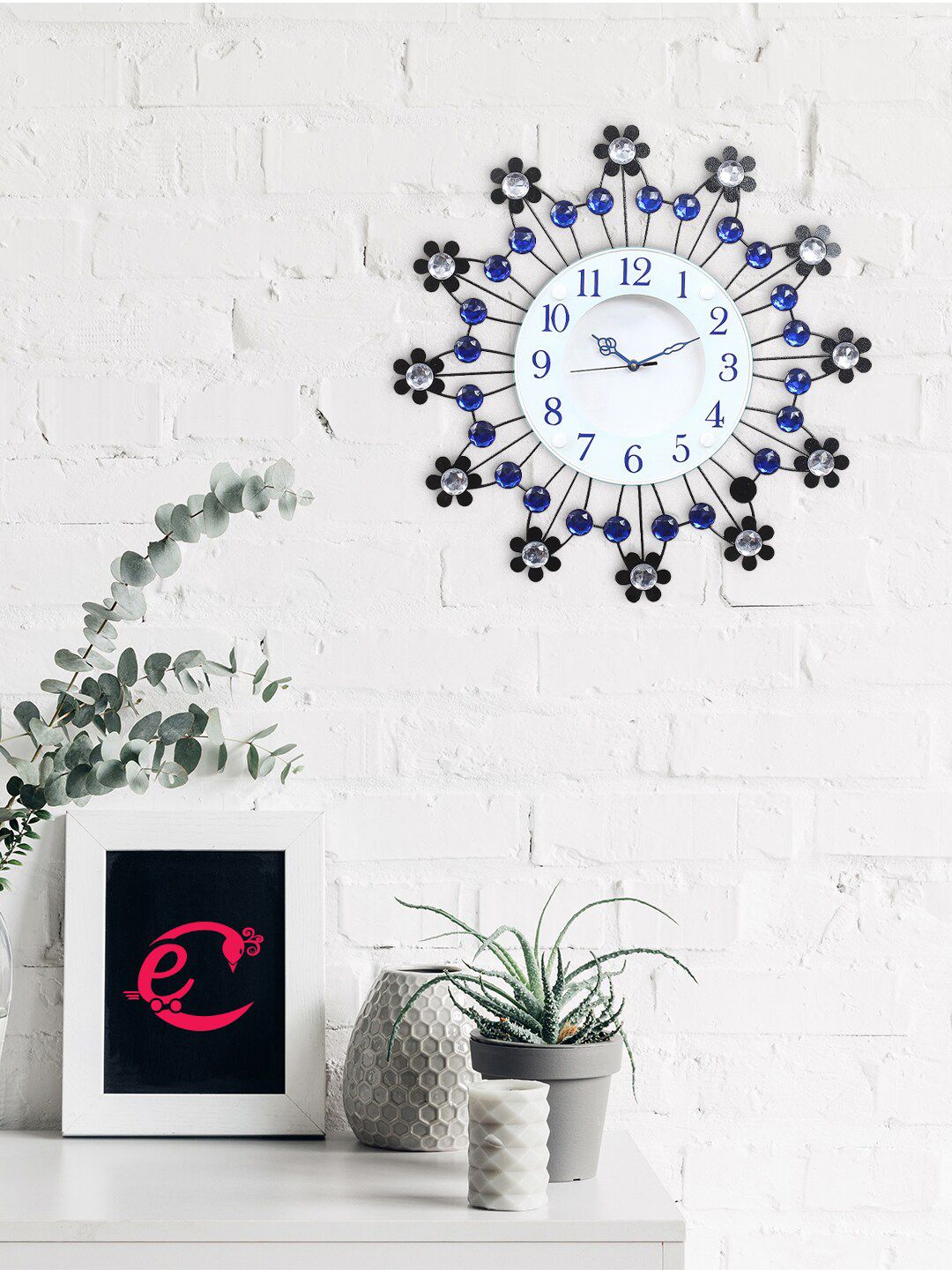 eCraftIndia Blue & White Embellished Traditional Wall Clock Price in India