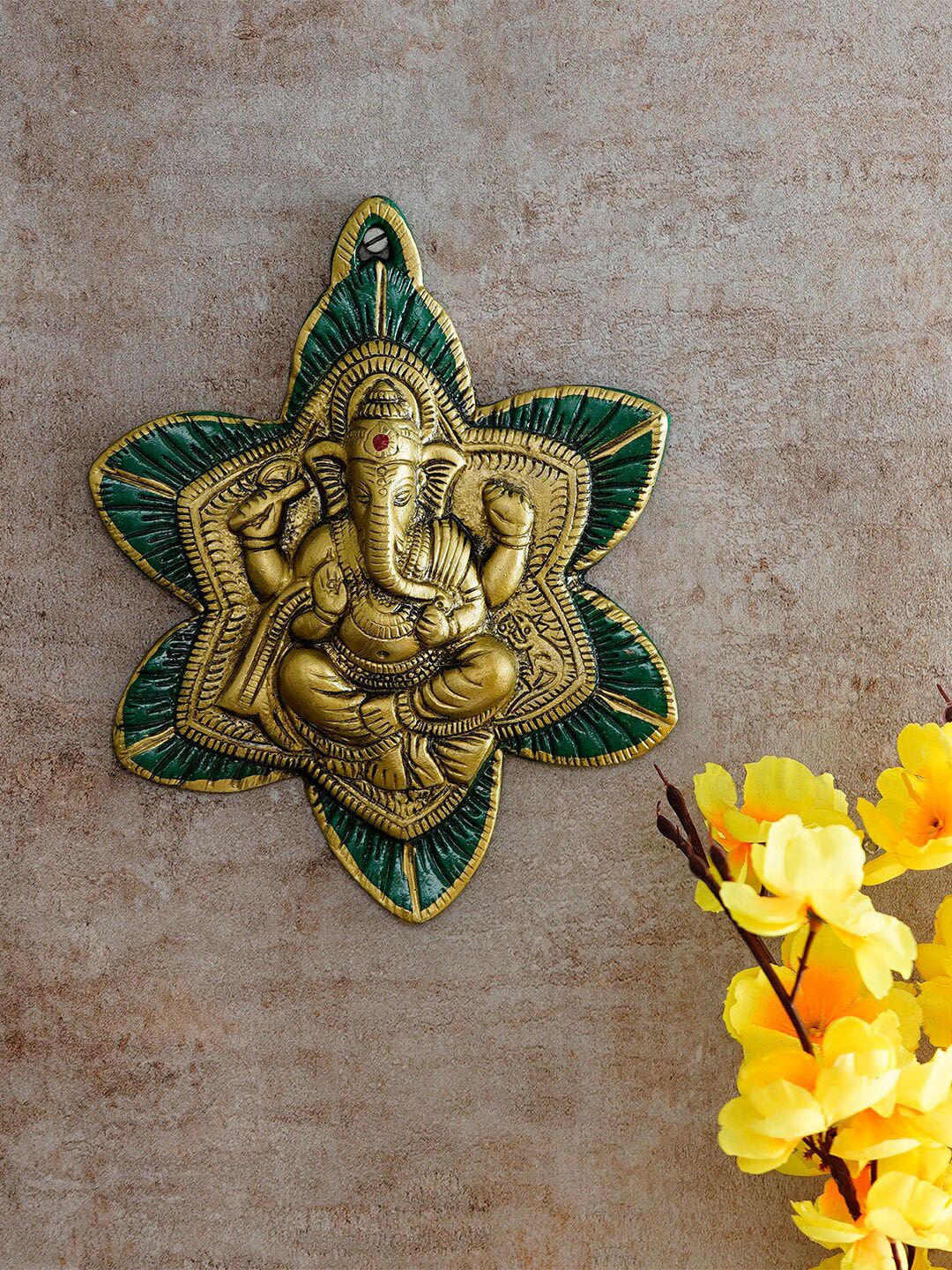 eCraftIndia Gold-Toned & Green Lord Ganesha Metal Idol Showpiece Price in India