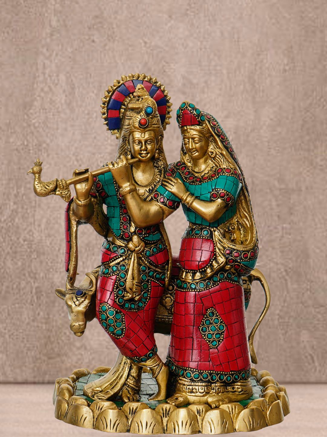 eCraftIndia Gold-Toned Radha Krishna Pair with Cow Handcrafted Figurine Price in India