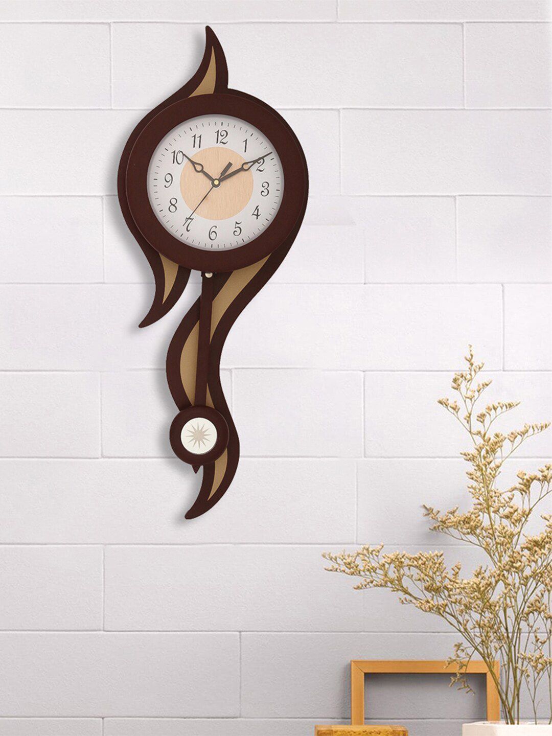 eCraftIndia Brown & White Abstract Shaped Traditional Pendulum Designer Wall Clock Price in India