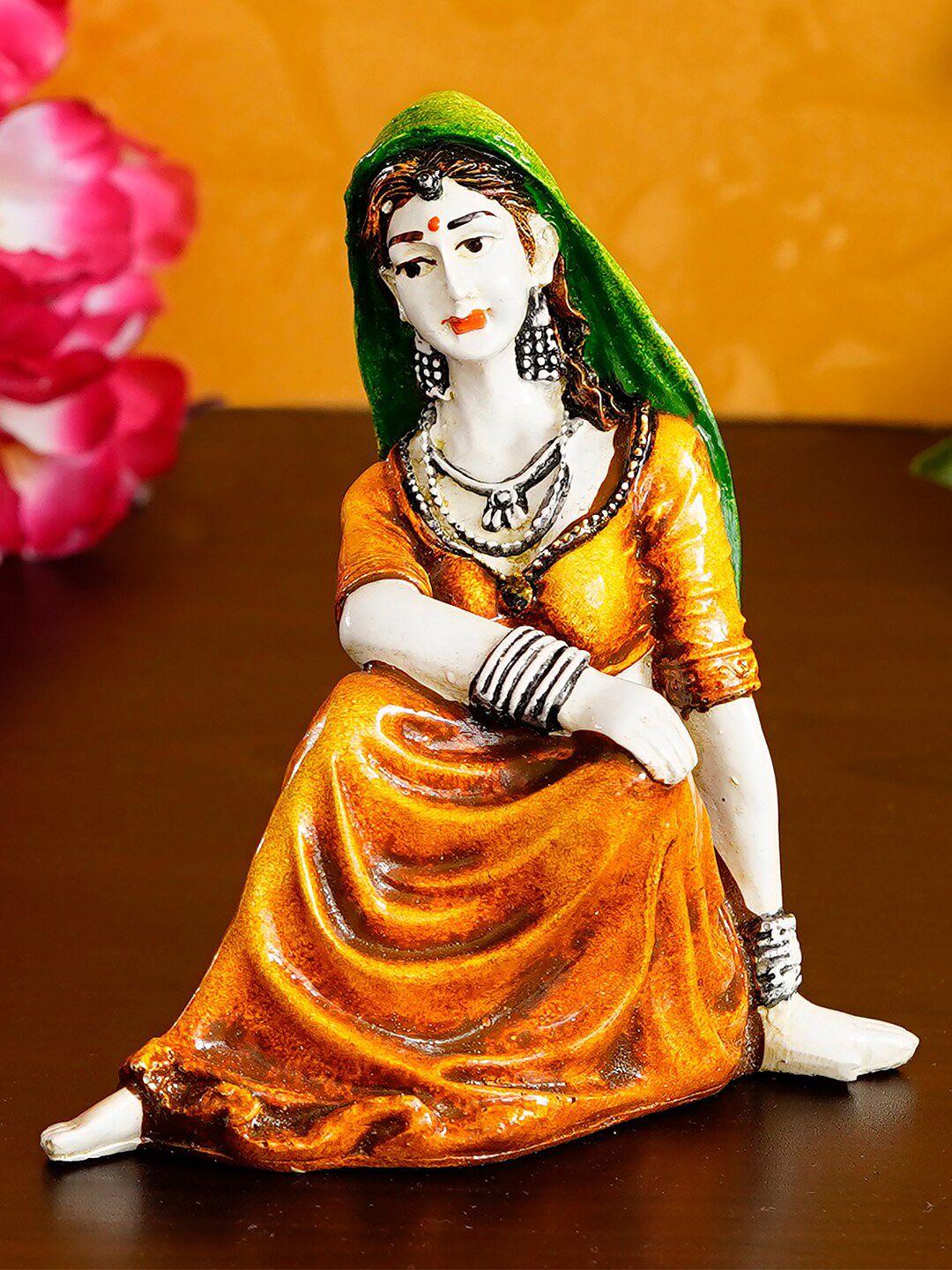 eCraftIndia Green & Orange Resting Rajasthani Lady Handcrafted Decorative Showpiece Price in India