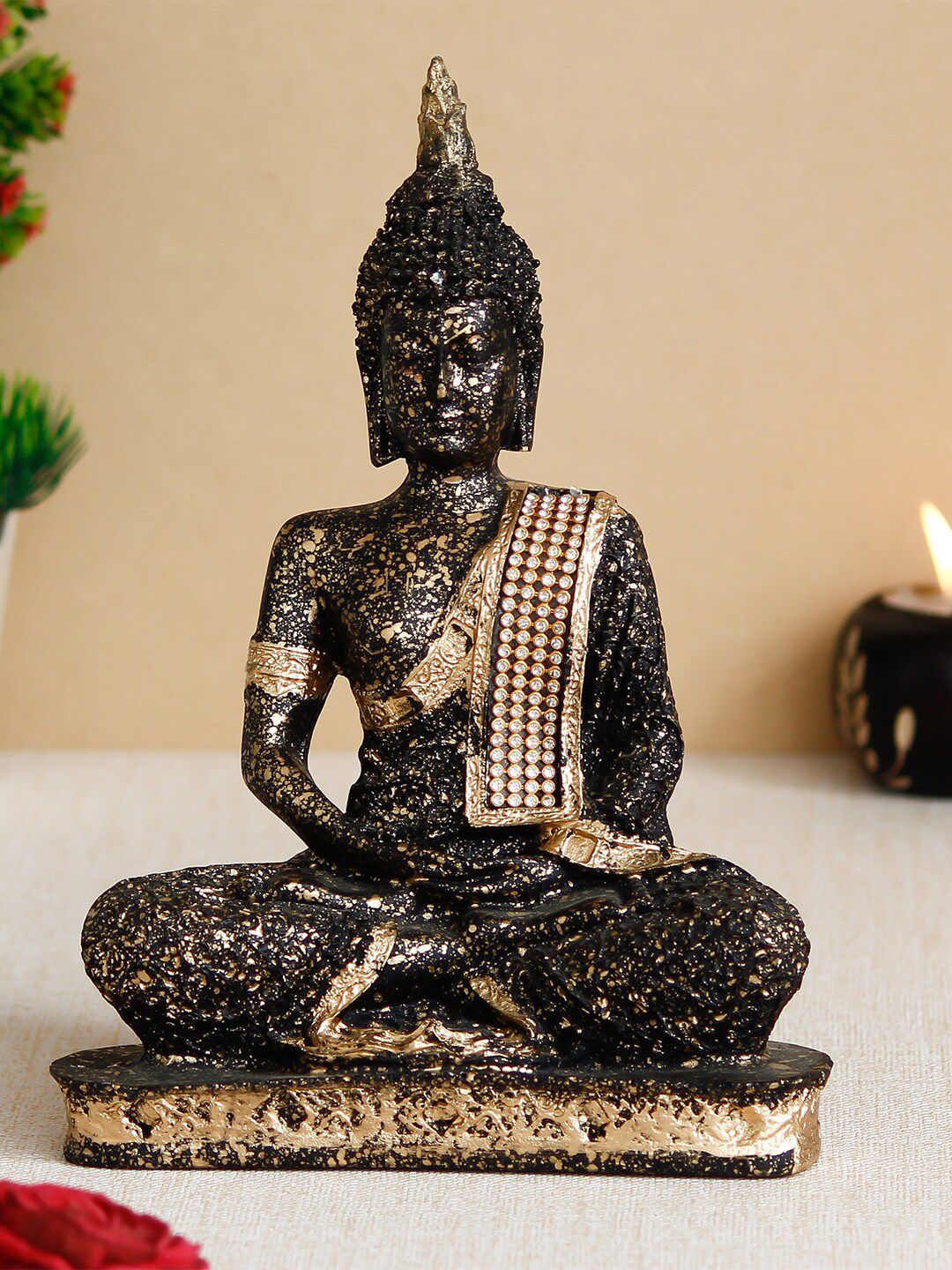 eCraftIndia Black & Gold-Toned Meditating Lord Buddha Handcrafted Decorative Showpiece Price in India