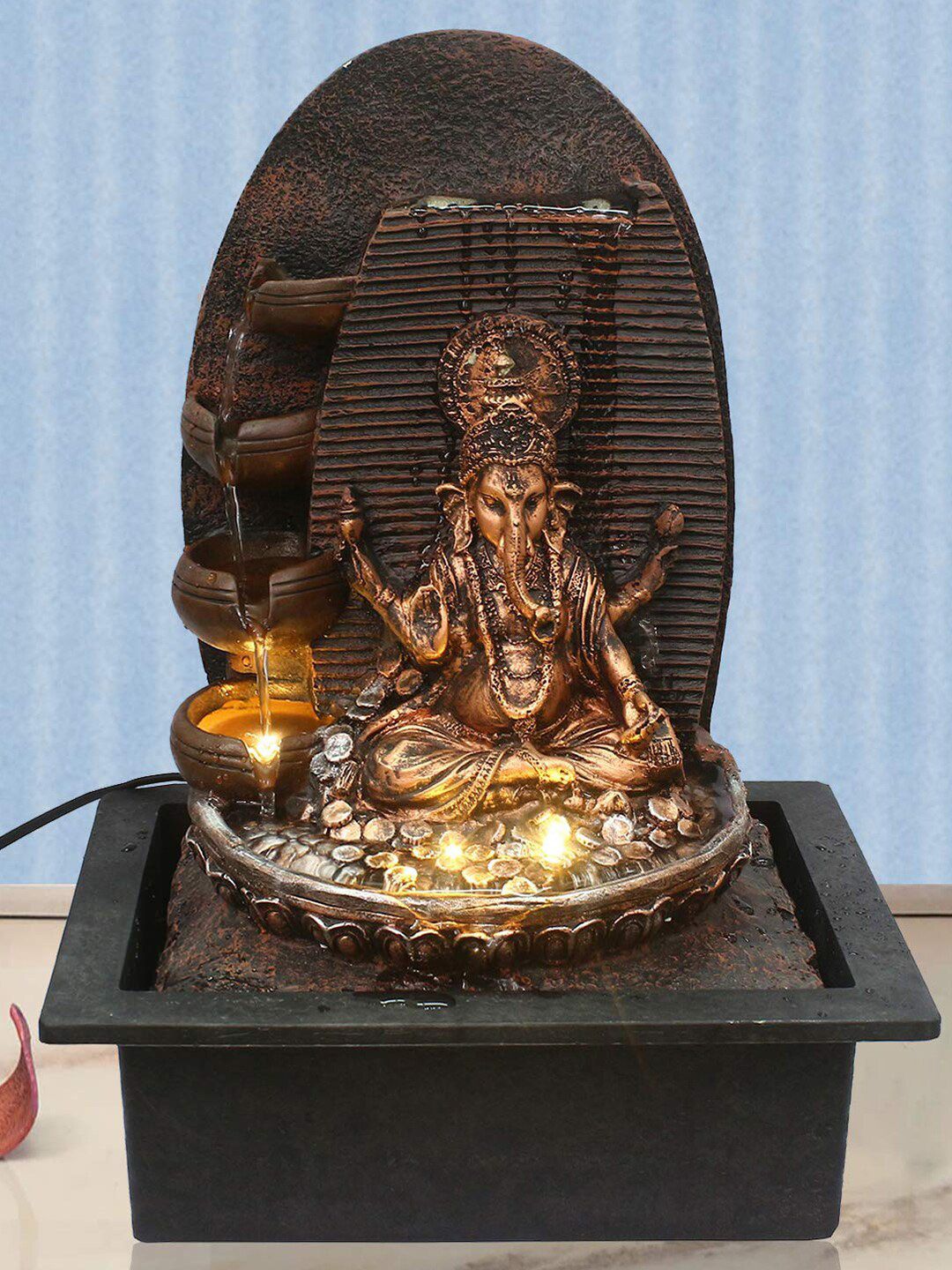 eCraftIndia Black & Copper-Toned Lord Ganesha Polystone Water Fountain With Light Price in India
