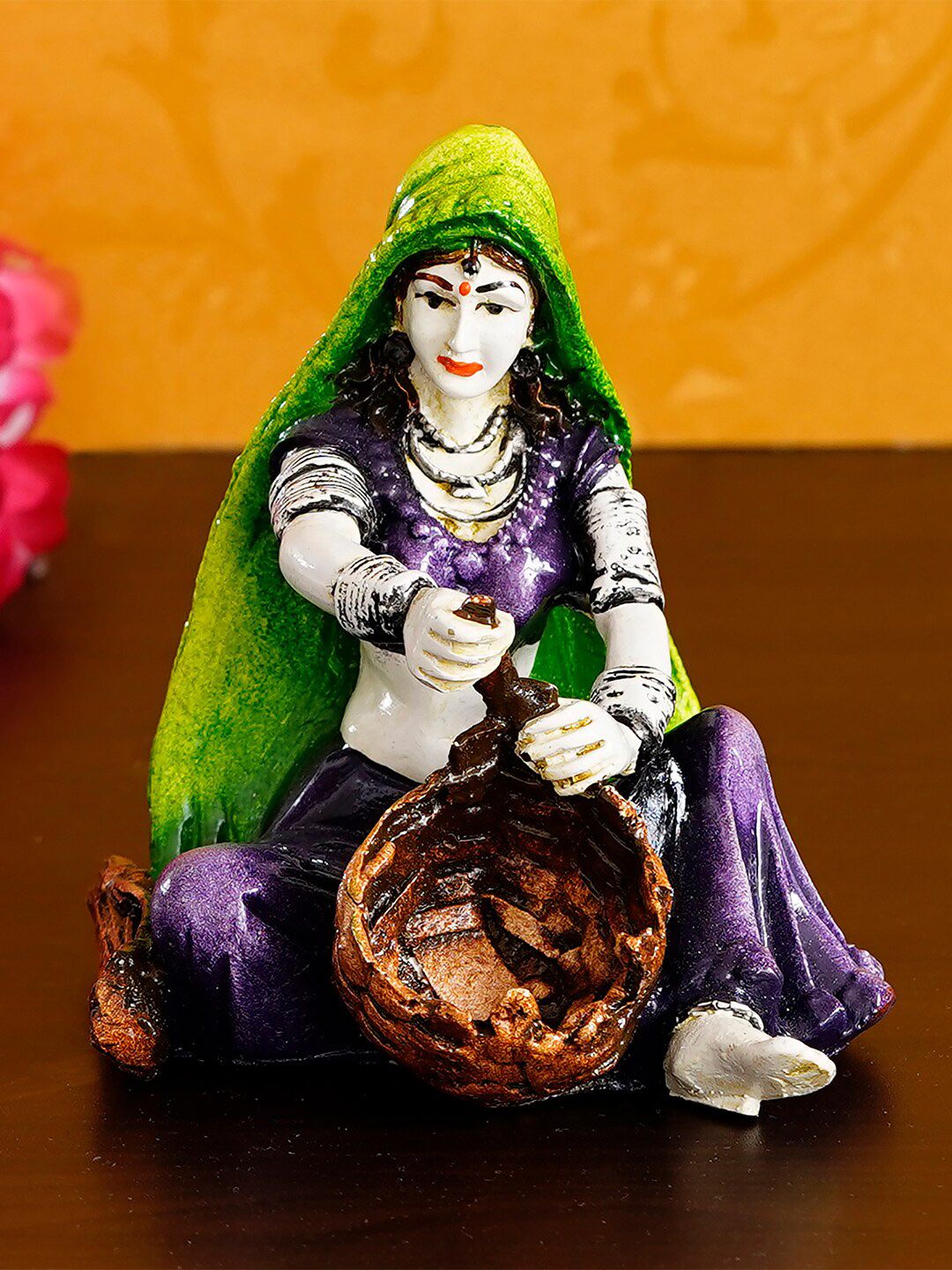 eCraftIndia Green & White Rajasthani Lady Creating Craft Product Handcrafted Showpiece Price in India
