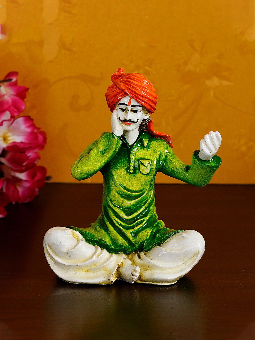 eCraftIndia Green & Orange Handcrafted Singing Rajasthani Man Decorative Polyresin Showpiece Price in India