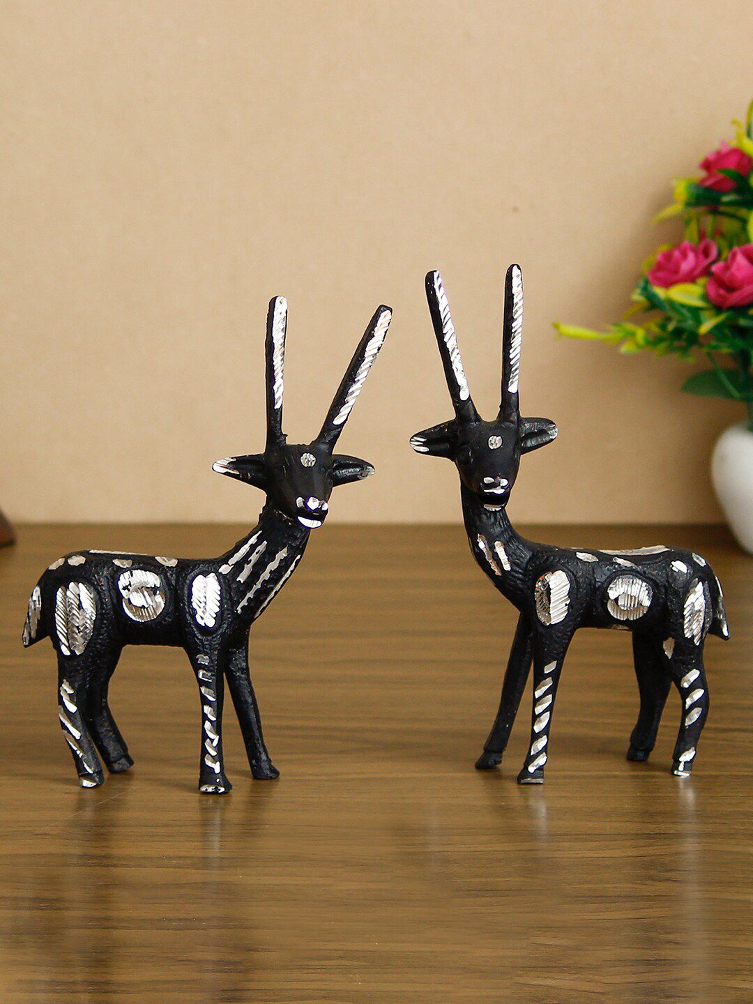 eCraftIndia Set of 2 Black and Silver-Toned Metal Handcrafted Deer Figurine Price in India