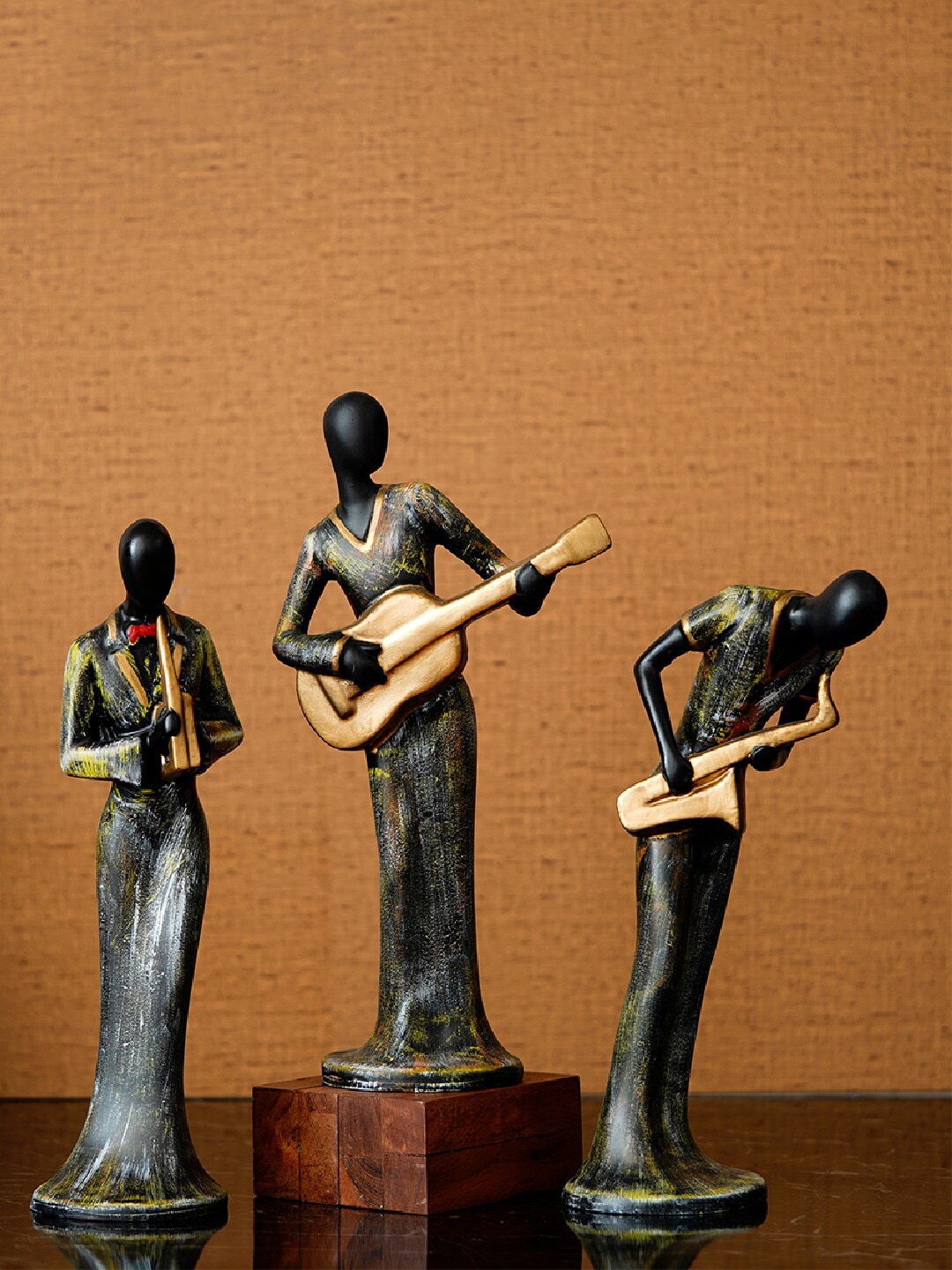 eCraftIndia Set Of 3 Grey & Black Ladies Playing Musical Instruments Handcrafted Showpiece Price in India