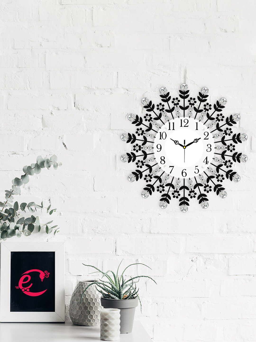 eCraftIndia Black & White Embellished Contemporary Stone Series Wall Clock Price in India