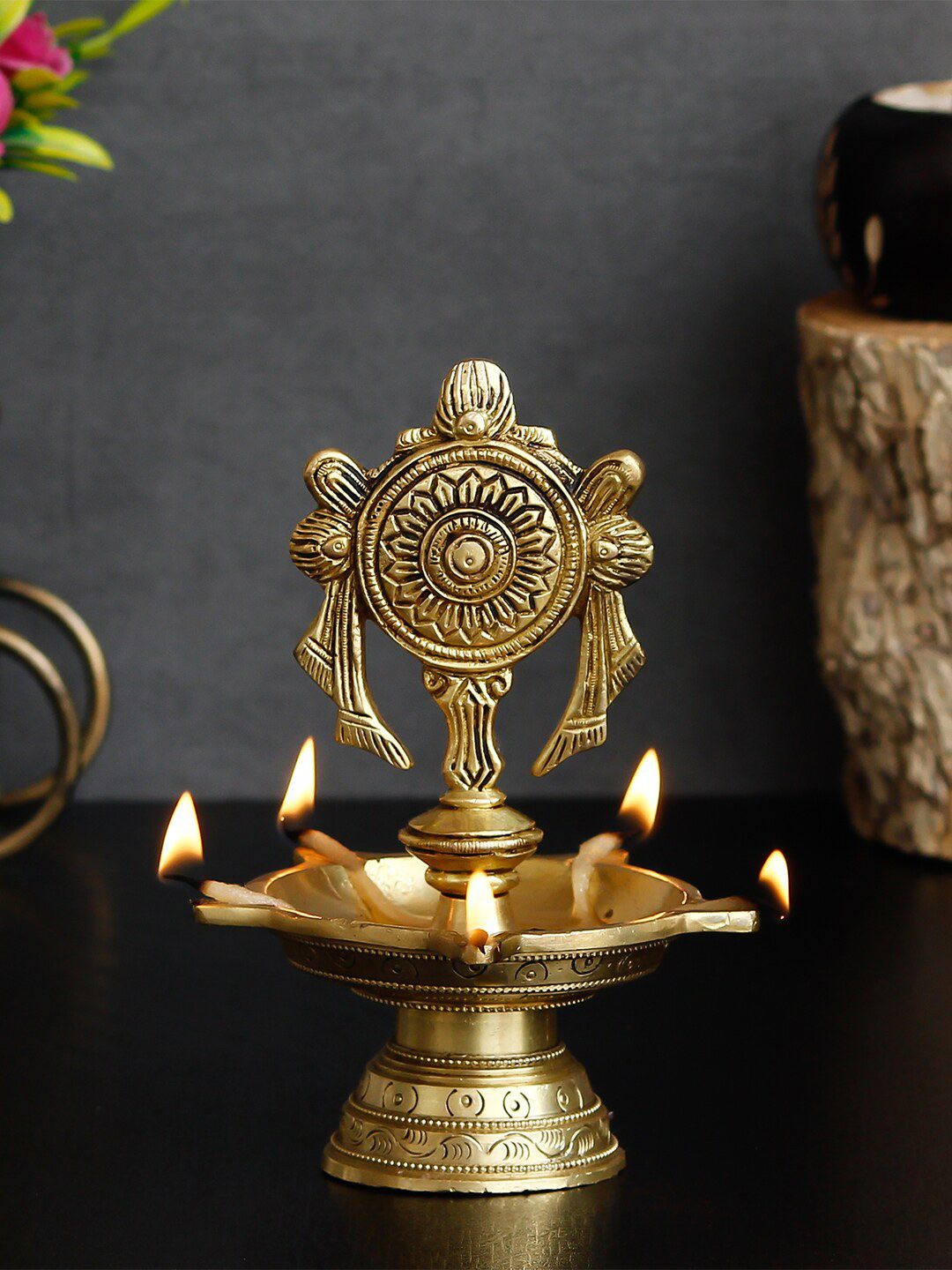 eCraftIndia Gold-Toned Chakra Handcrafted Brass Diya With 5 wicks Price in India