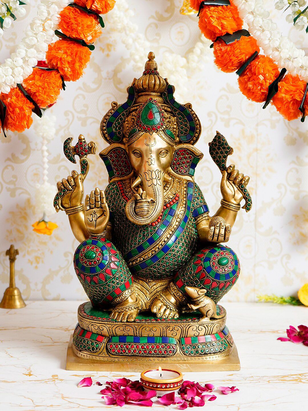 eCraftIndia Gold-Toned & Red Antique Look Lord Ganesha Handcrafted Brass Idol Showpiece Price in India