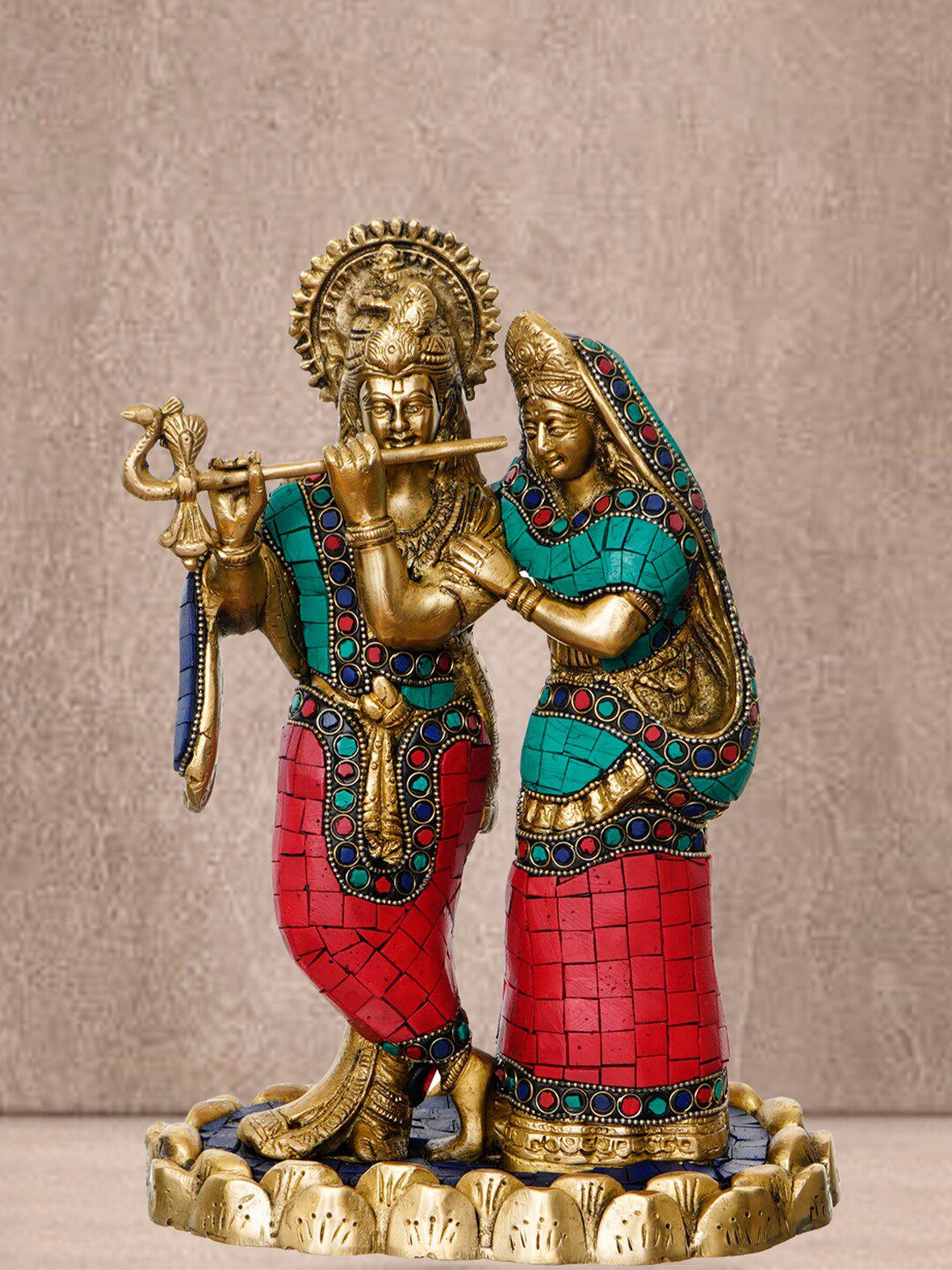 eCraftIndia Gold-Toned & Red Stone Studded Brass Radha Krishna Showpiece Price in India