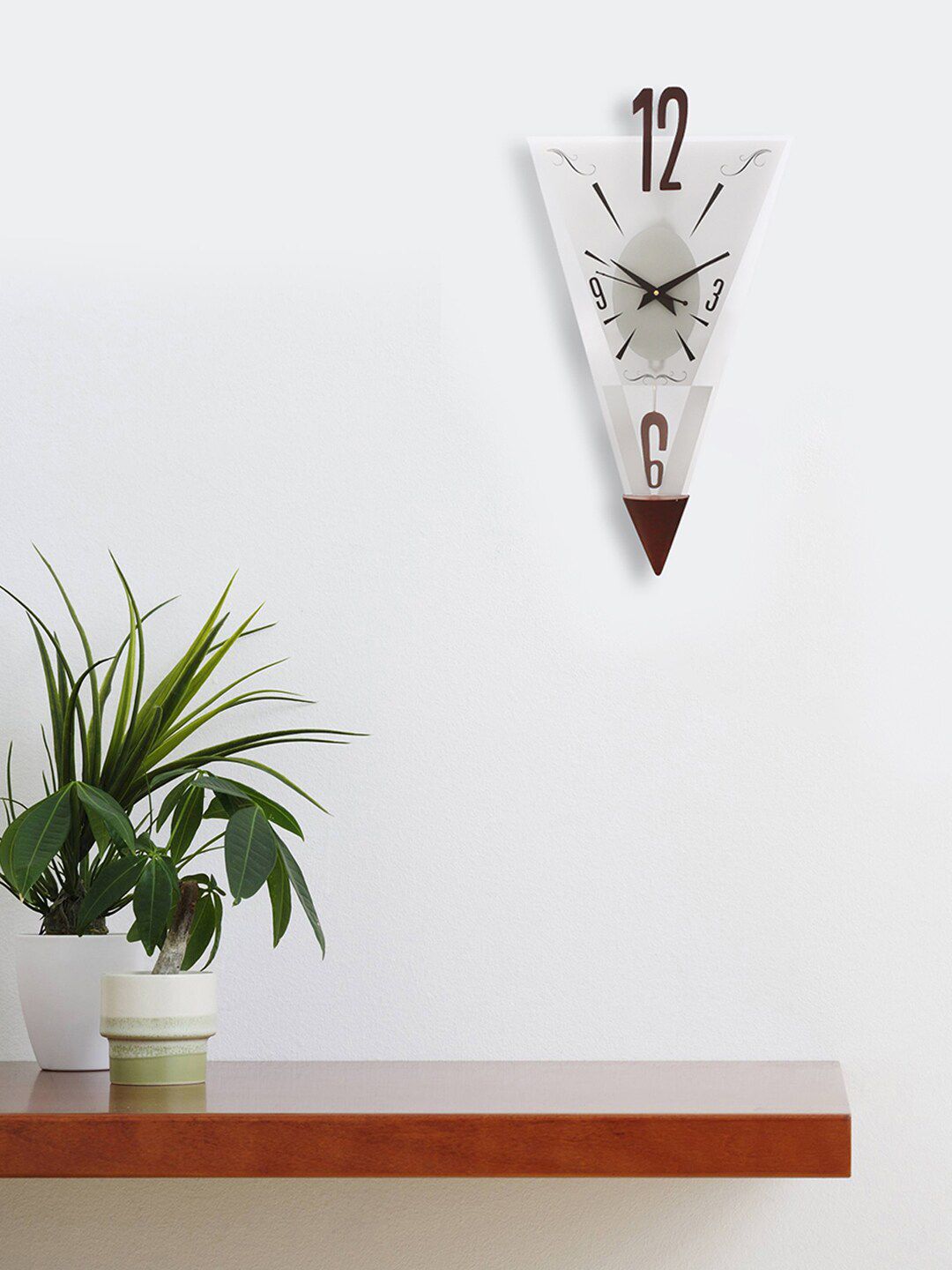 eCraftIndia Brown & White Printed Triangle Contemporary Wooden Wall Clock 53.3 cm Price in India