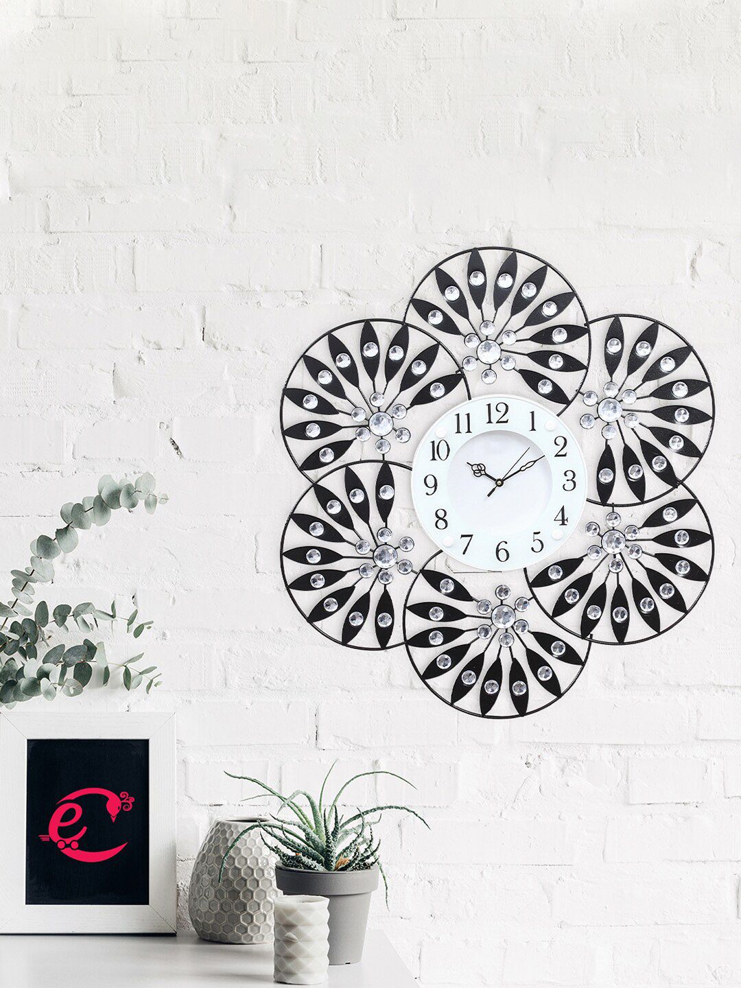 eCraftIndia Black & Silver-Toned Embellished Contemporary Stone Series Round Wall Clock Price in India