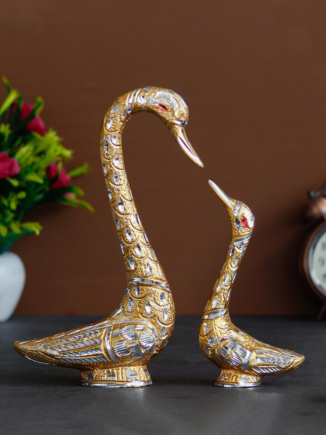 eCraftIndia Gold-Toned & Silver-Toned Handcrafted Swan Couple Decorative Figurine Showpiece Price in India