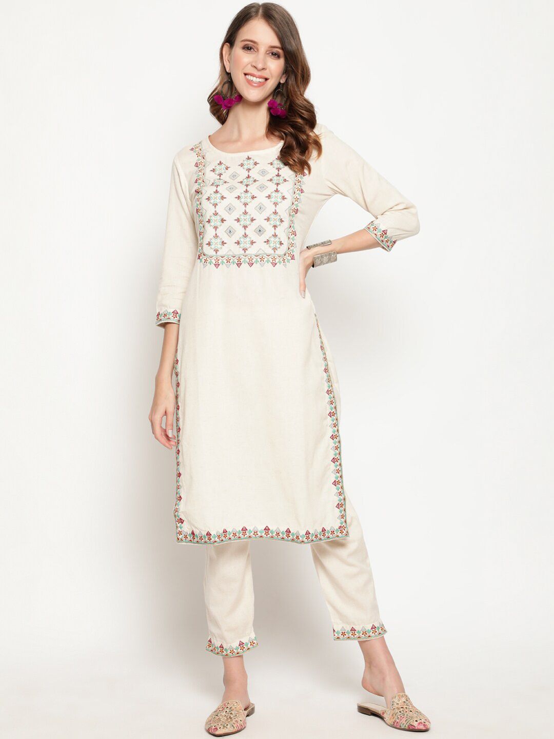 antaran Women Off White Ethnic Motifs Embroidered Regular Pure Cotton Kurta with Trousers Price in India