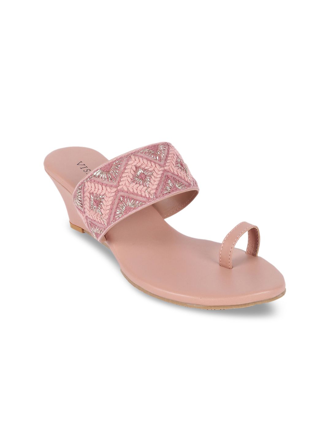Vishudh Women Peach-Coloured Embroidered Open Toe Wedges Price in India