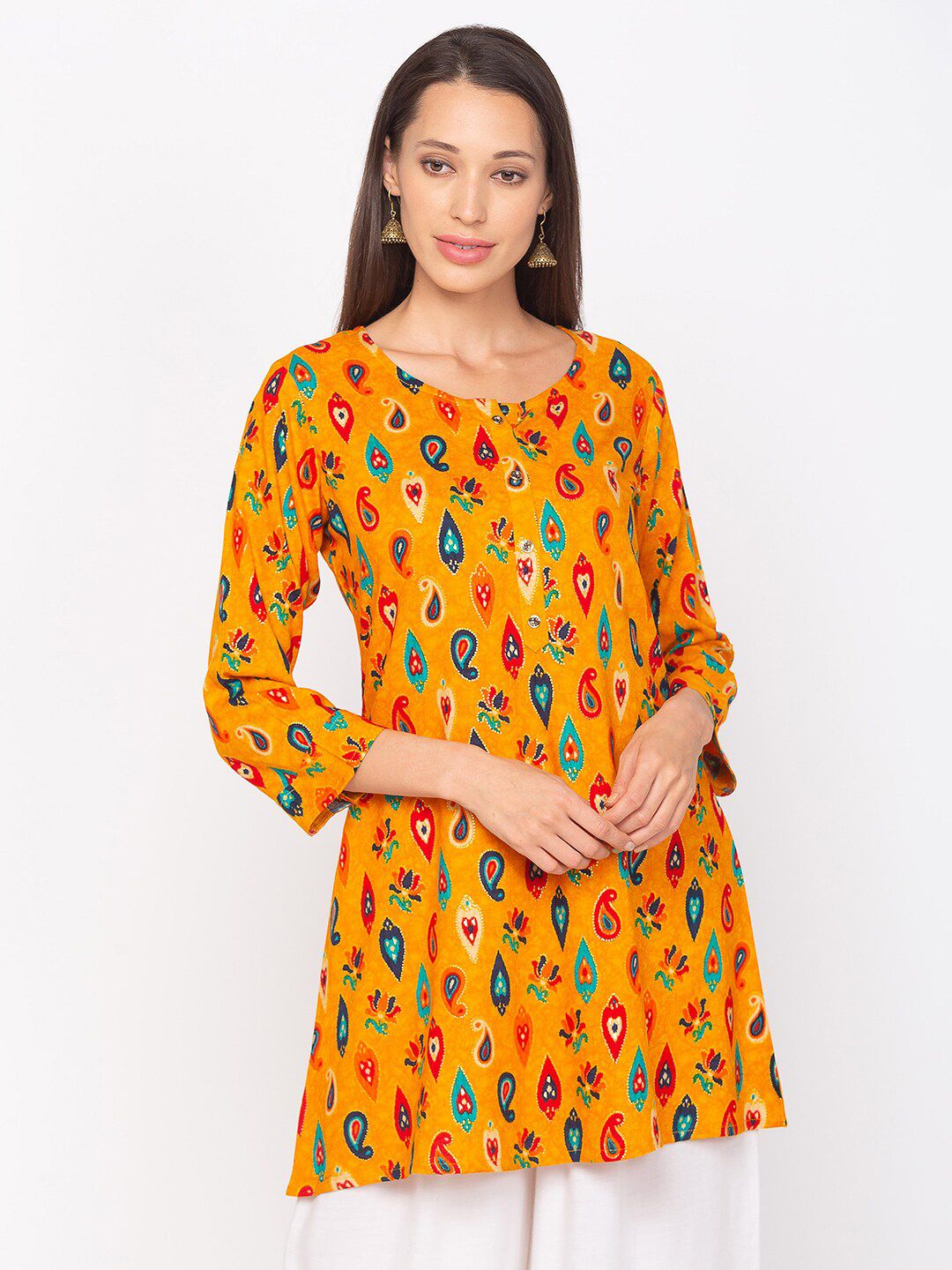 TANKHI Yellow & Blue Viscose Rayon Printed Tunic Price in India