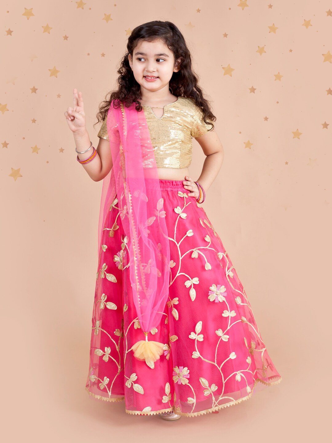 pspeaches Girls Fuchsia & Gold-Toned Embellished Ready to Wear Lehenga & Blouse With Dupatta Price in India