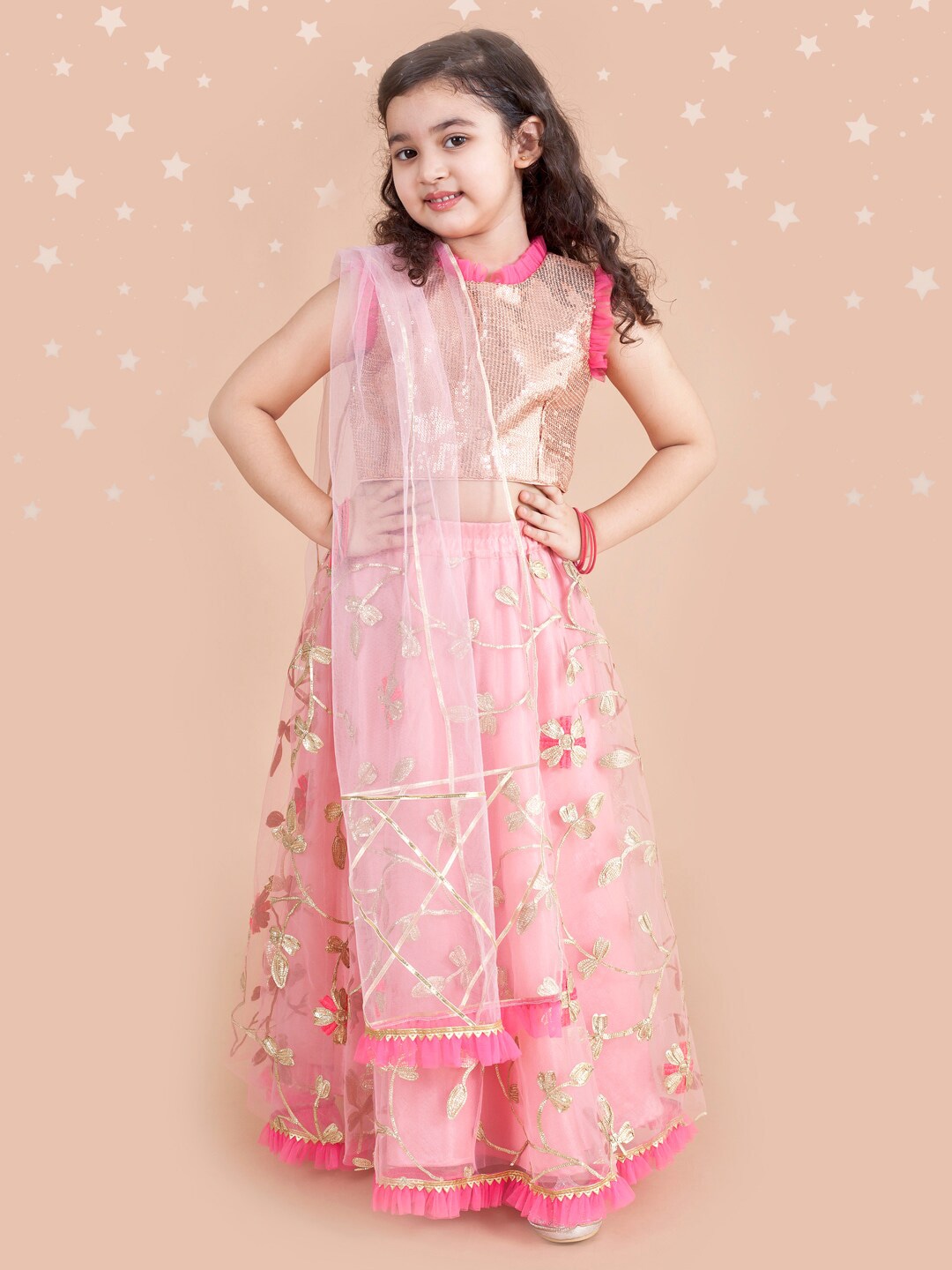 pspeaches Girls Pink & Gold-Toned Embroidered Ready to Wear Lehenga & Blouse With Dupatta Price in India
