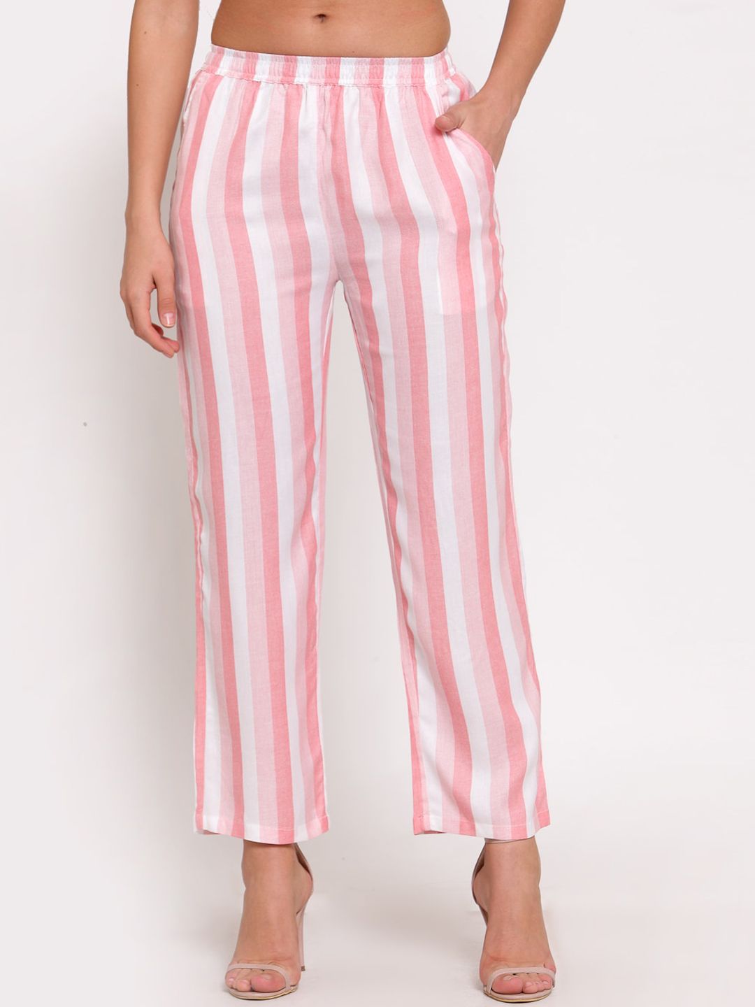 LUCERO Women Pink Striped Trousers Price in India