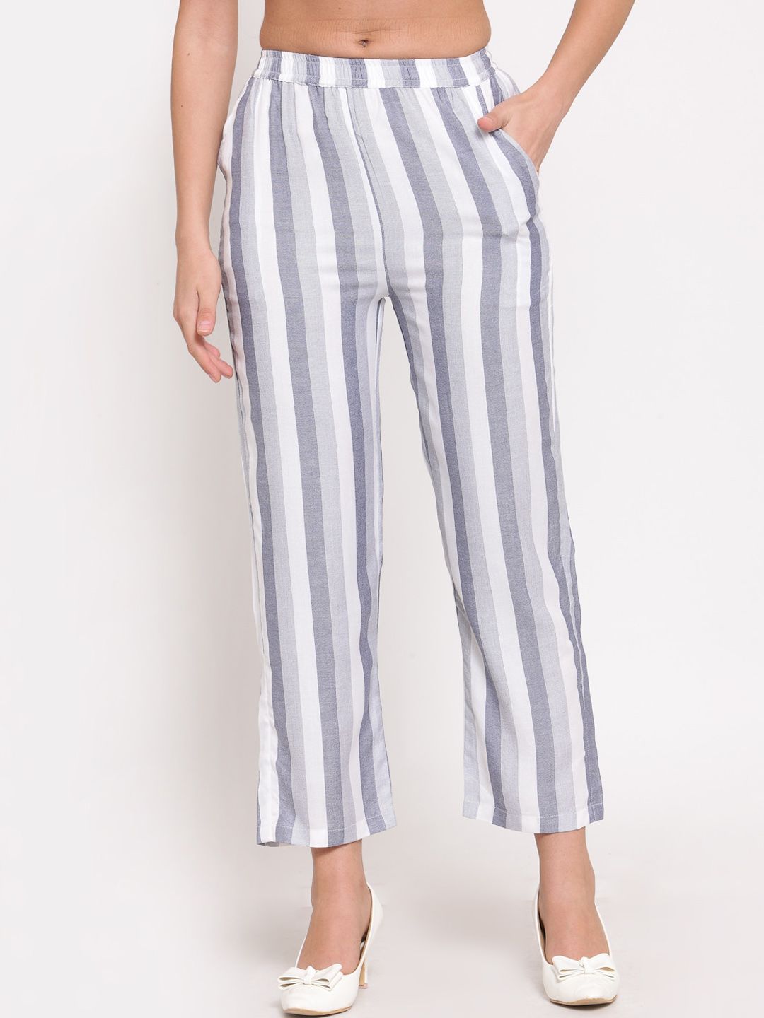 LUCERO Women Grey Striped Parallel Trousers Price in India