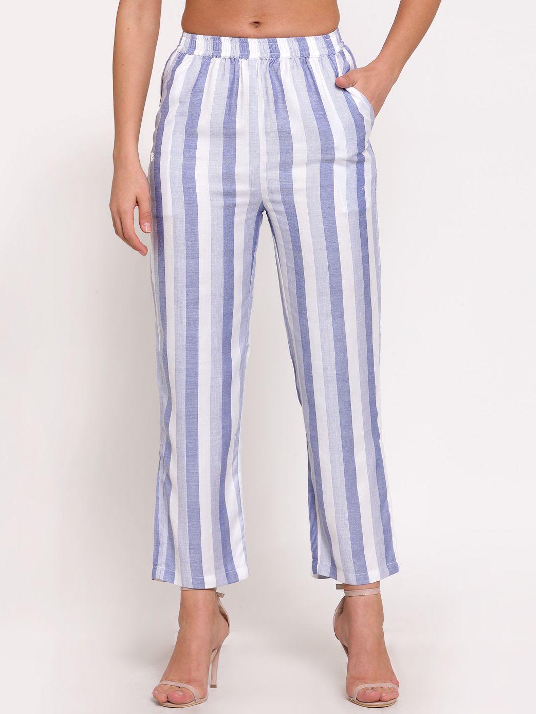 LUCERO Women Blue Striped Trousers Price in India