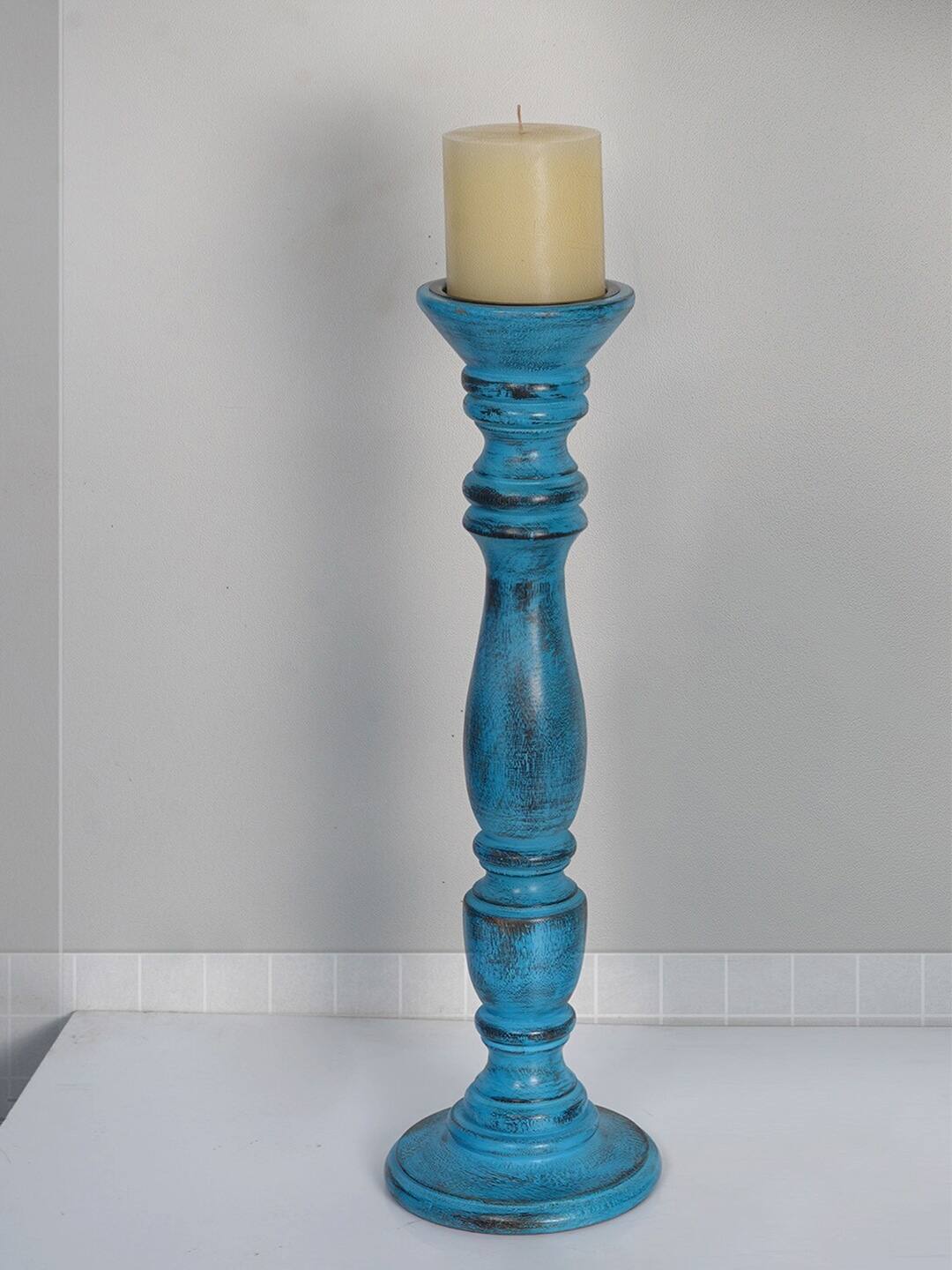 Fos Lighting Blue 18 Inches Wooden Pillar Candle Stand Price in India