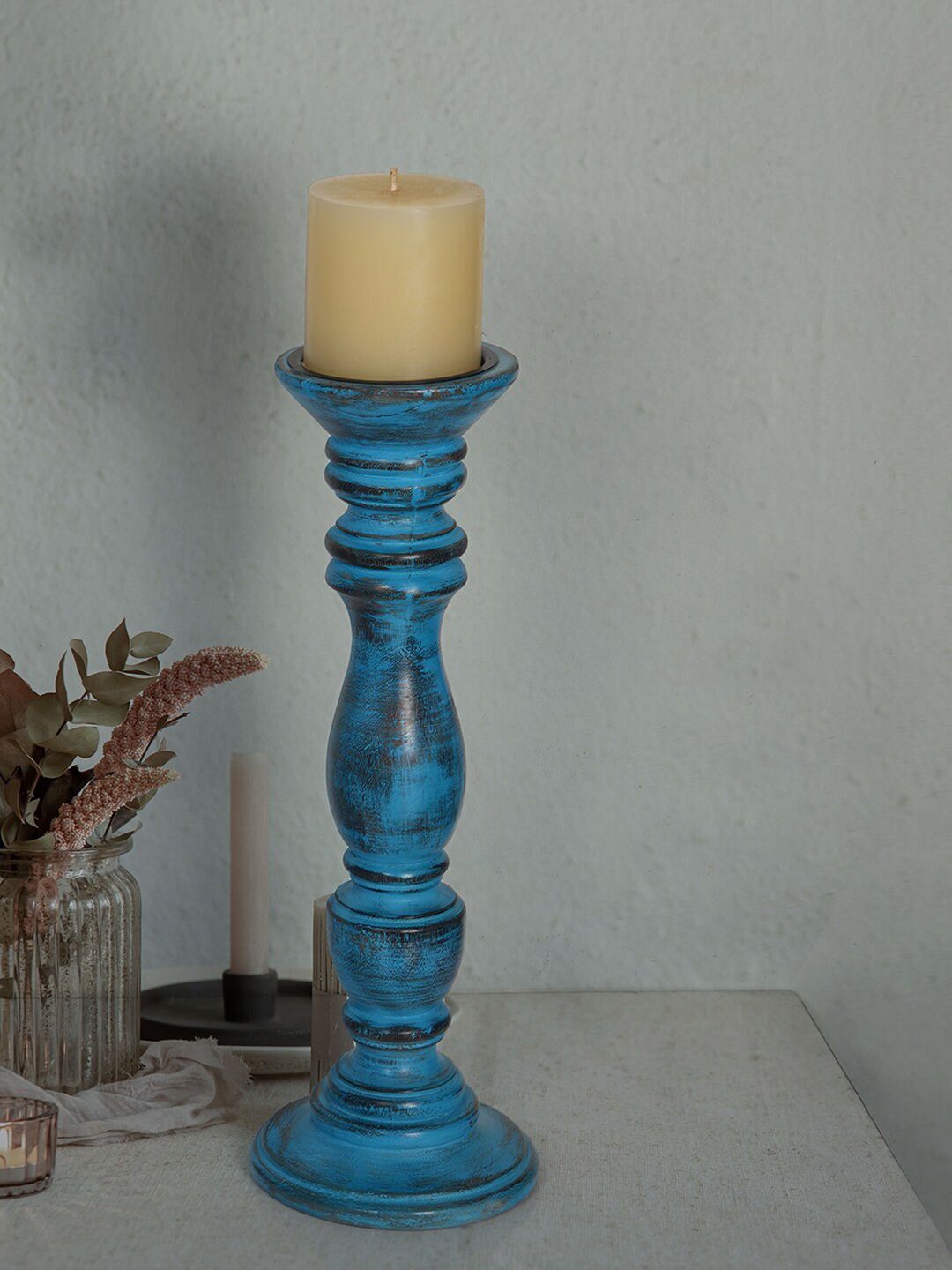 Fos Lighting Blue 15 Inches Wooden Pillar Candle Stand Price in India