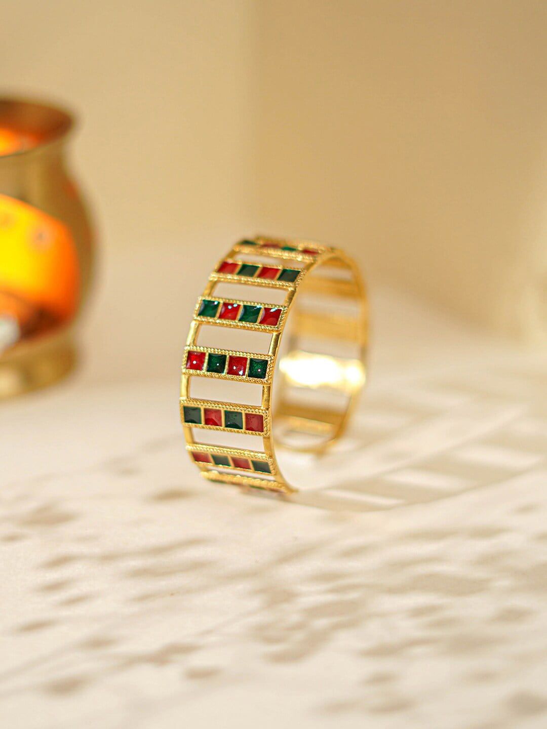 Mikoto by FableStreet Women Gold-Plated & Green Brass Kundan Antique Cuff Bracelet Price in India