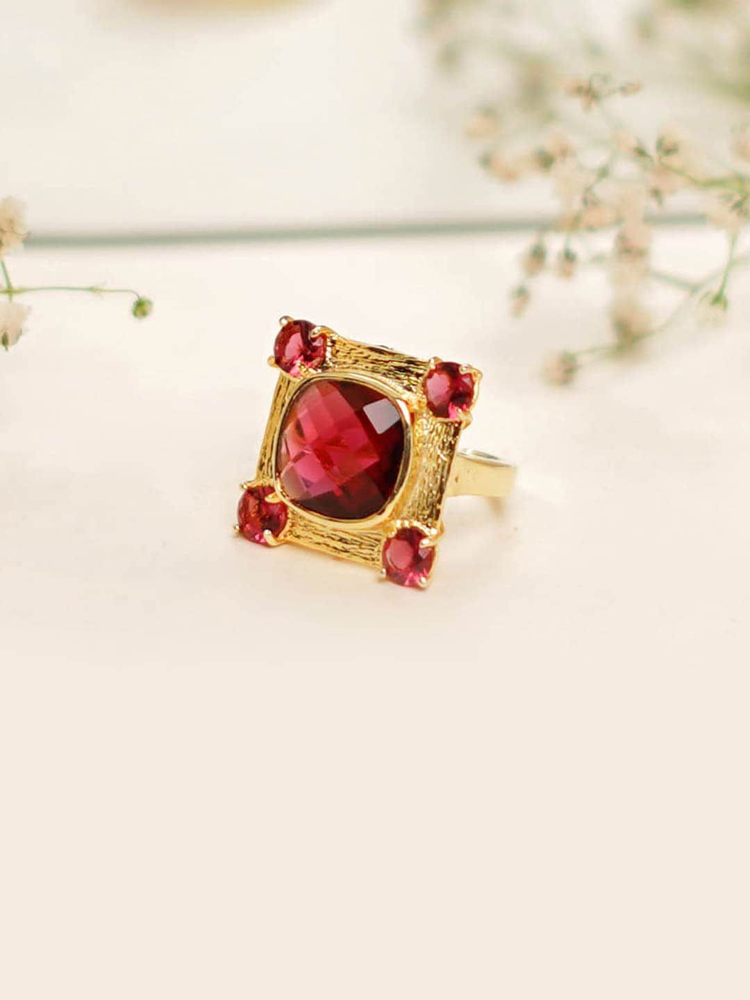 Mikoto by FableStreet Gold-Plated & Red Quartz Ruby-Studded Handcrafted Adjustable Finger Ring Price in India
