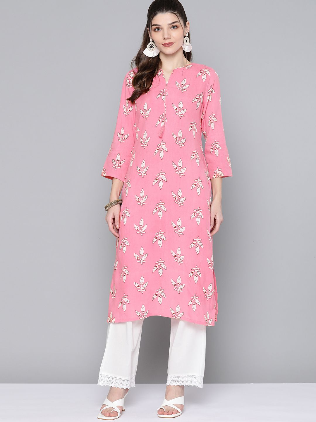 HERE&NOW Women Pink & White Floral Printed Kurta Price in India