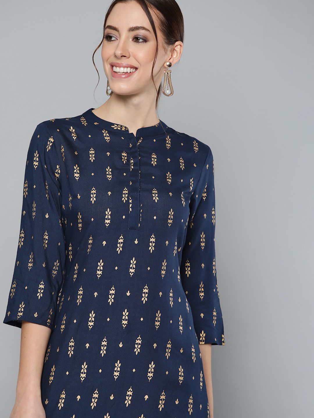 HERE&NOW Women Navy Blue & Gold-Toned Ethnic Motifs Printed Kurta Price in India