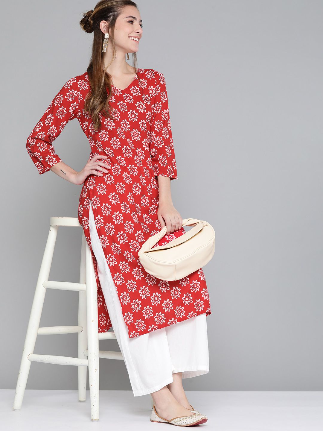 HERE&NOW Women Red & White Floral Printed Kurta Price in India