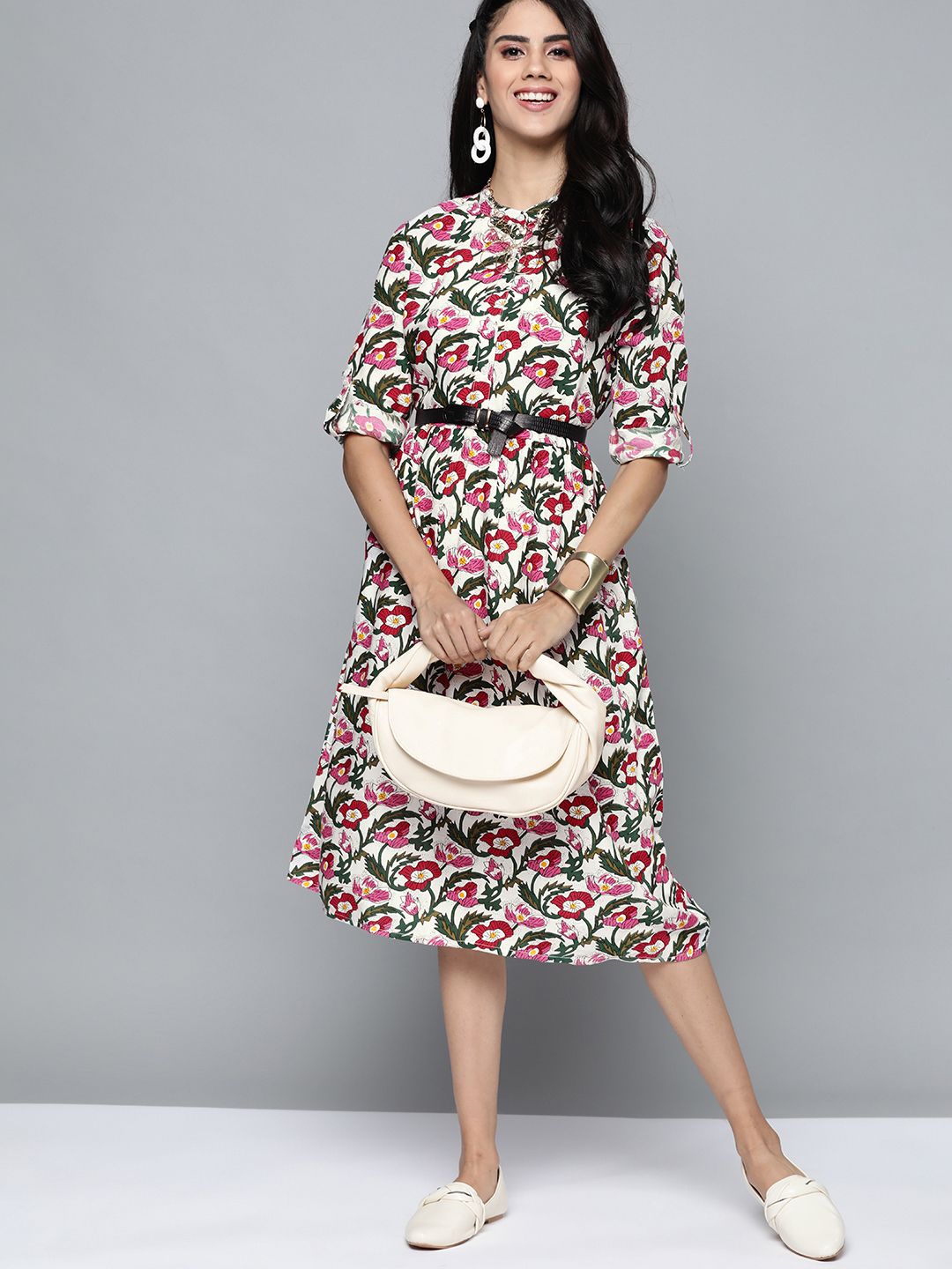 HERE&NOW White & Pink Floral Print Pure Cotton A-Line Dress Price in India