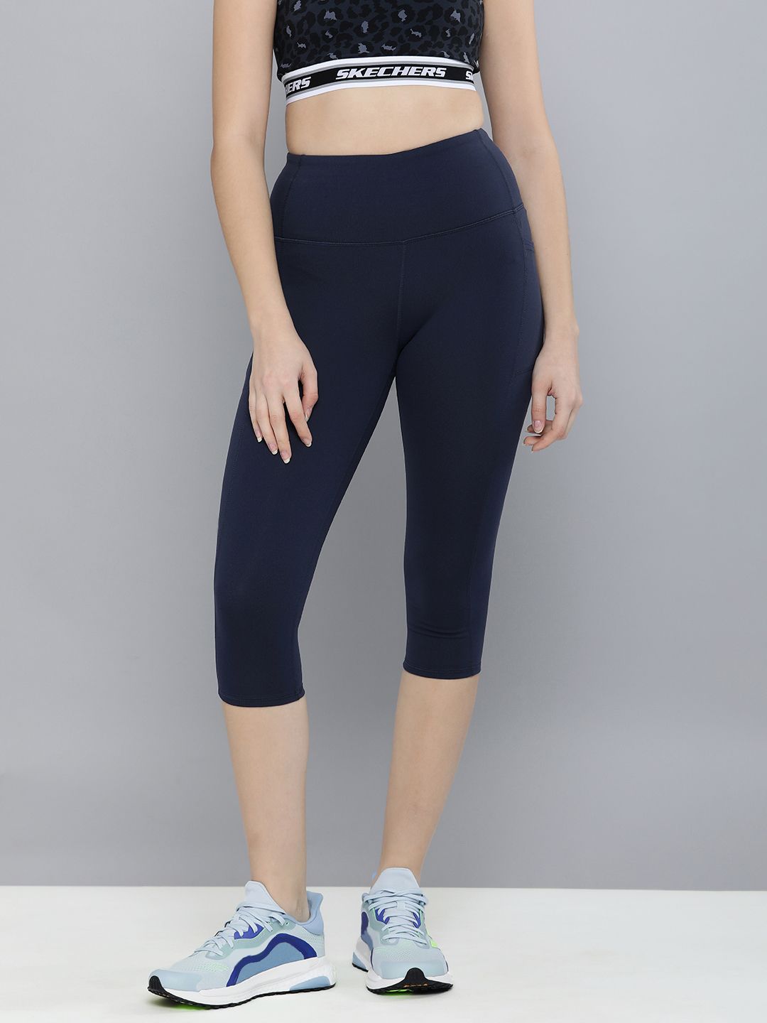 Skechers Women Navy Blue High Waist Goflex Capri Tights Price in India