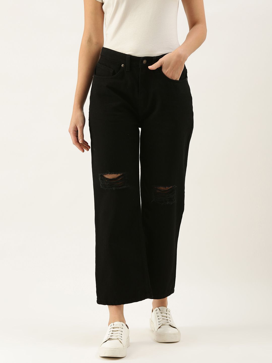 FOREVER 21 Women Black Wide Leg Mildly Distressed Mid Rise Stretchable Jeans Price in India