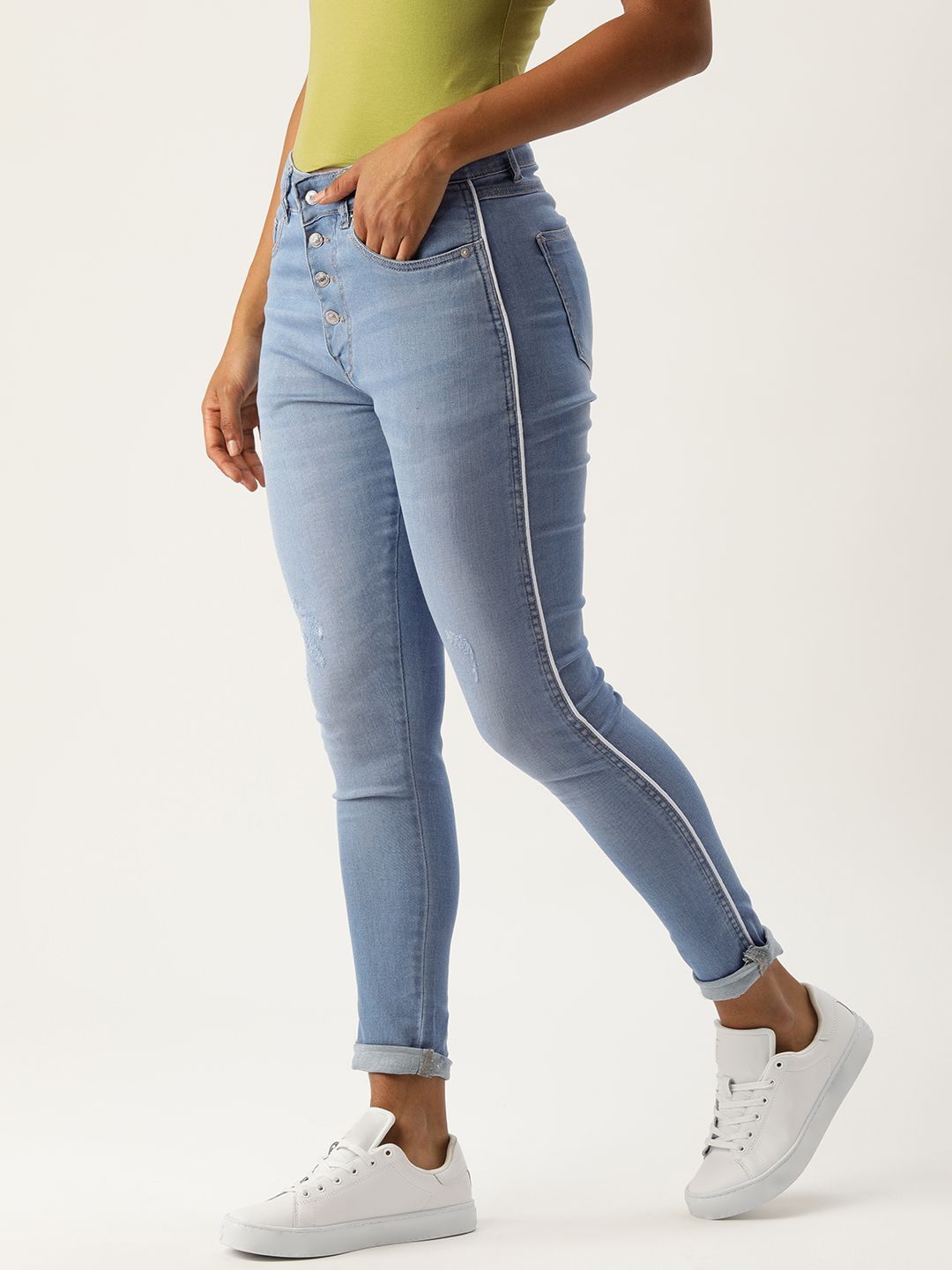 FOREVER 21 Women Blue Skinny Fit Mid-Rise Low Distress Jeans Price in India