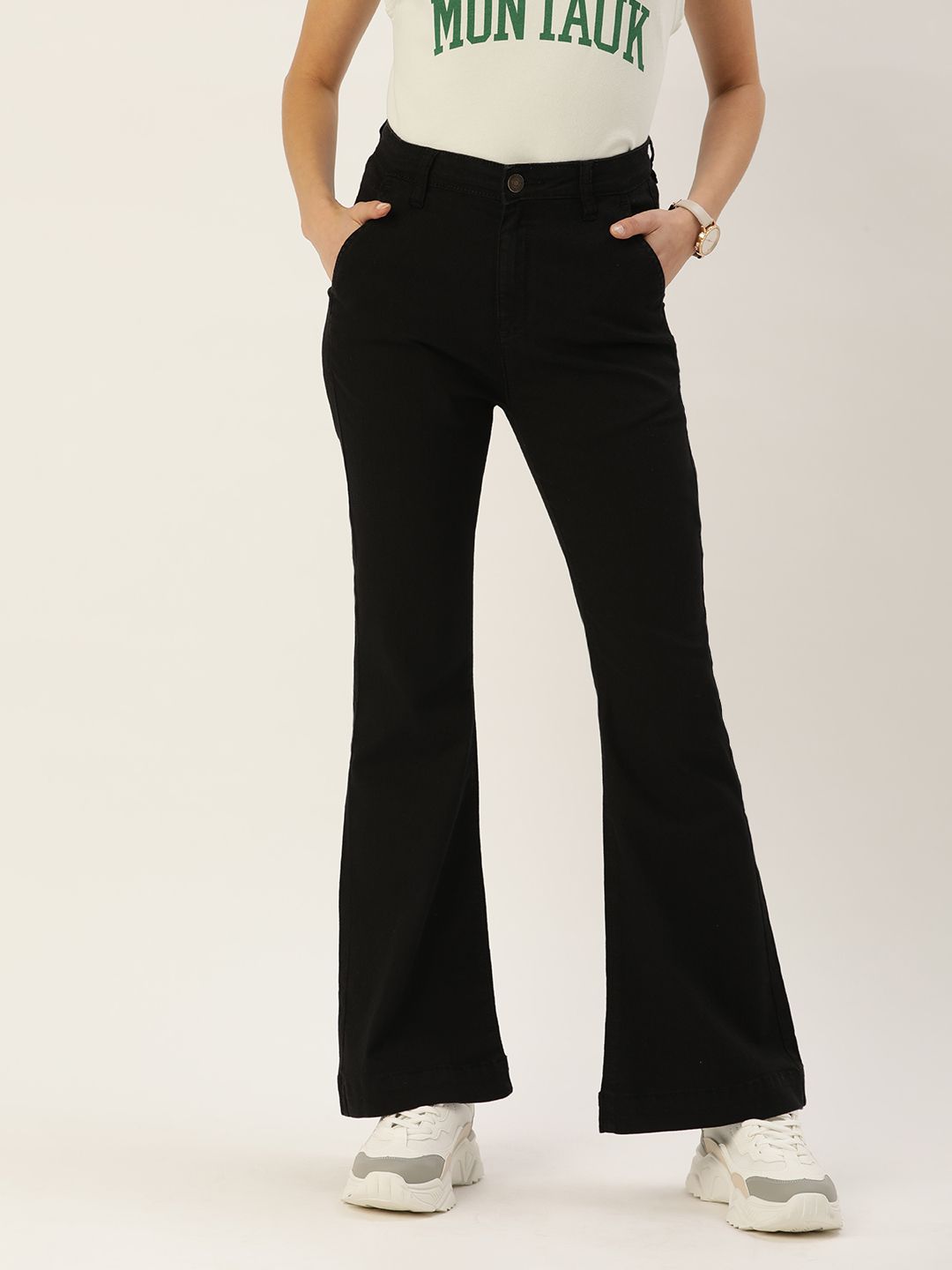 FOREVER 21 Women Black Wide Leg Mid-Rise Clean Look Stretchable Jeans Price in India