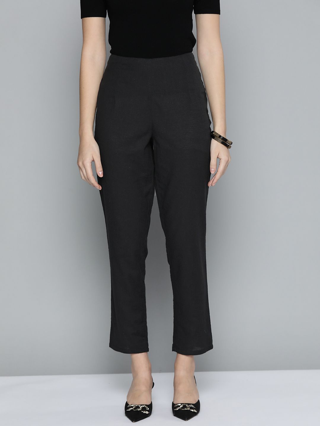 HERE&NOW Women Black Solid Pure Cotton Trousers Price in India